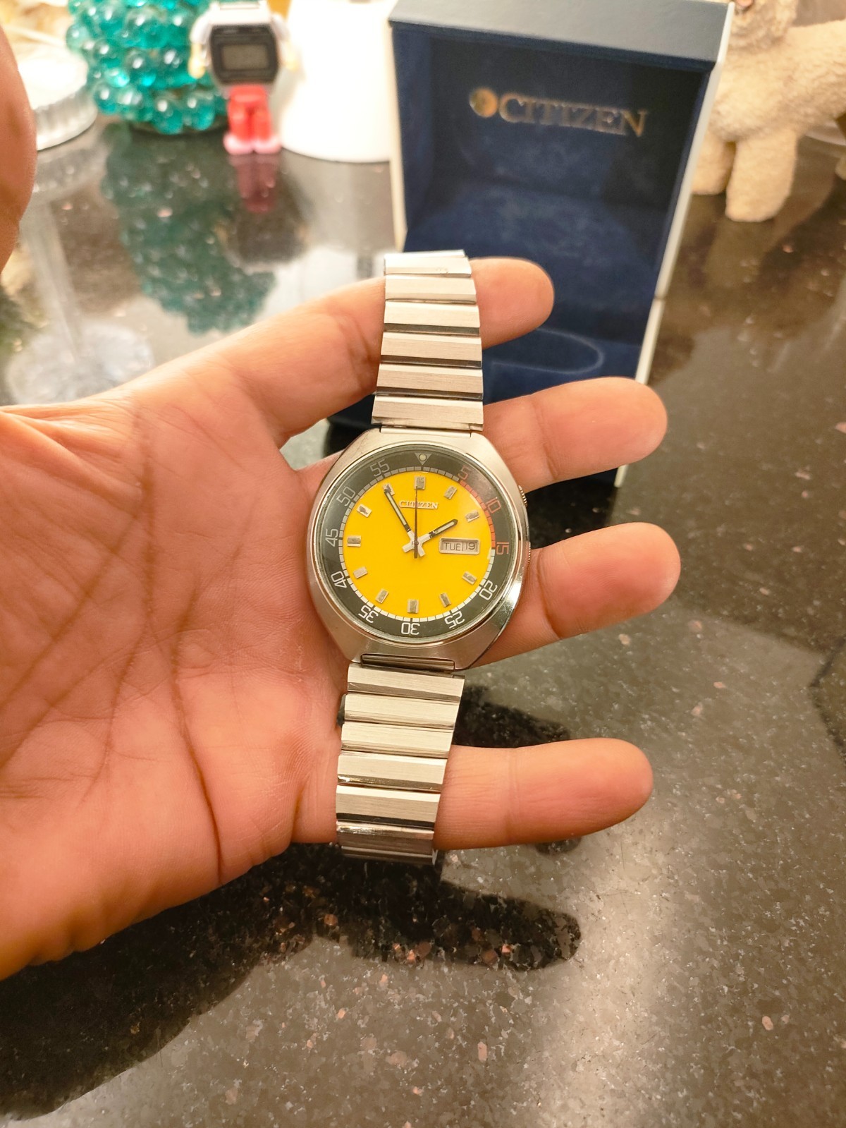 1978 Vintage Yellow Dial Automatic Citizen Bullhead Challenge Timer Day& Date