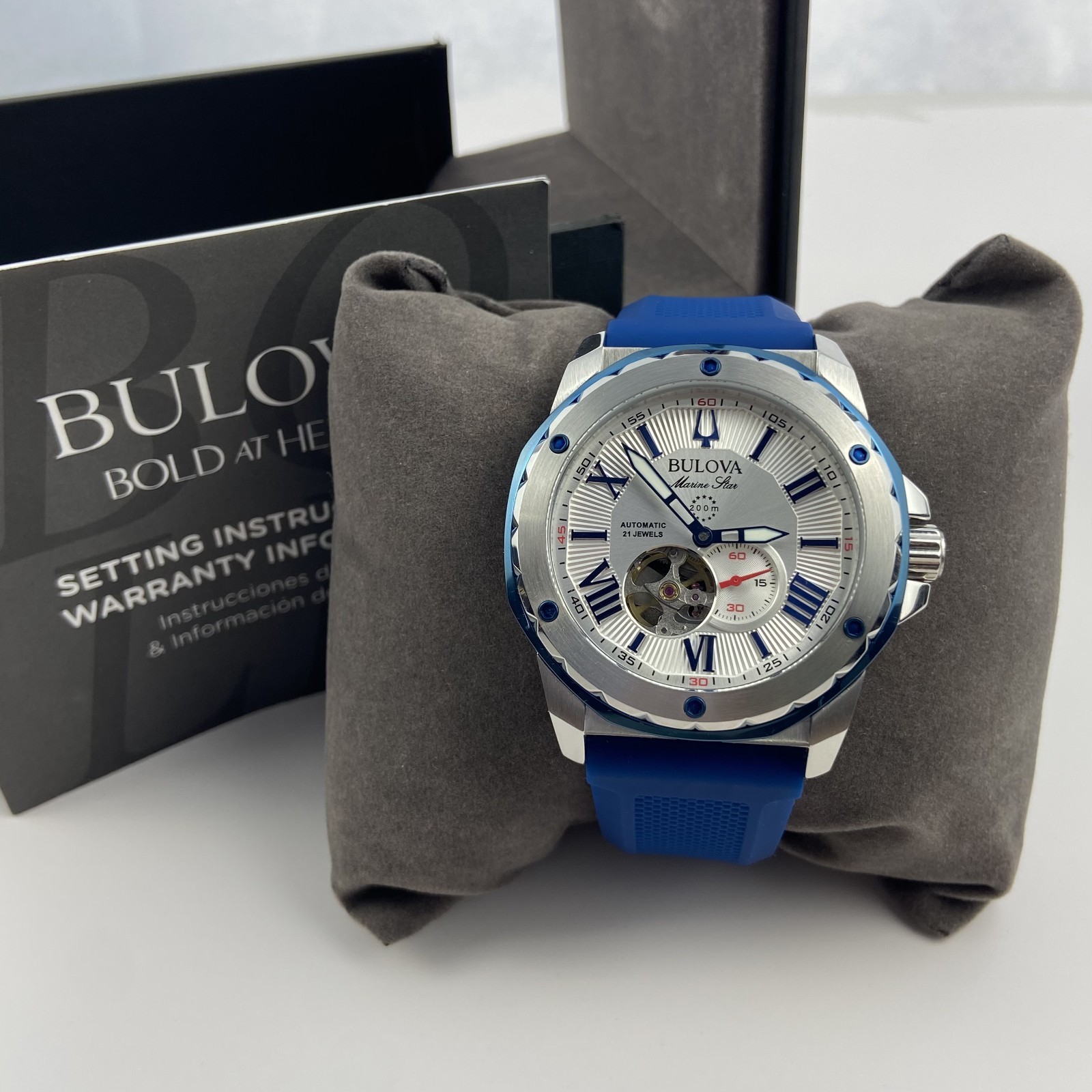 Bulova 98A225 Marine Star Automatic White Dial Blue Rubber Strap Men’s 45mm