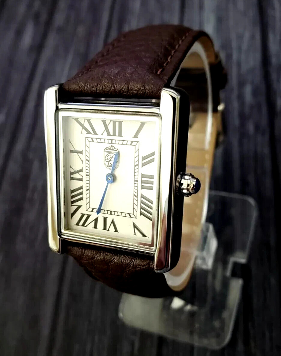 Iconic Swiss Design Pierre Lucerne 1888 Vintage Style Tank Mens Watch Brown Band