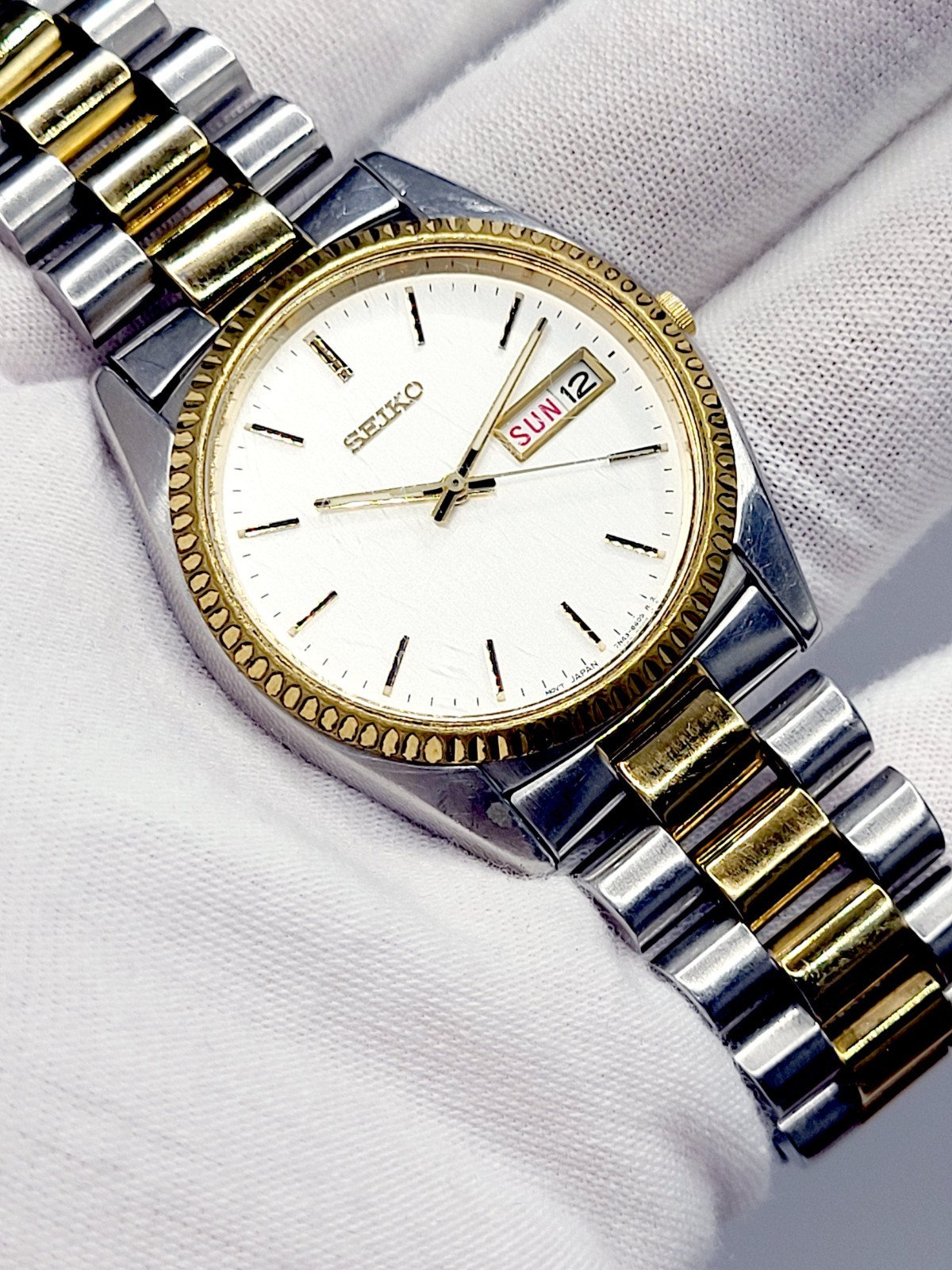 Seiko President Quartz 36mm Two Tone Men Watch Day Date 7N43-8111 2000 New Batt