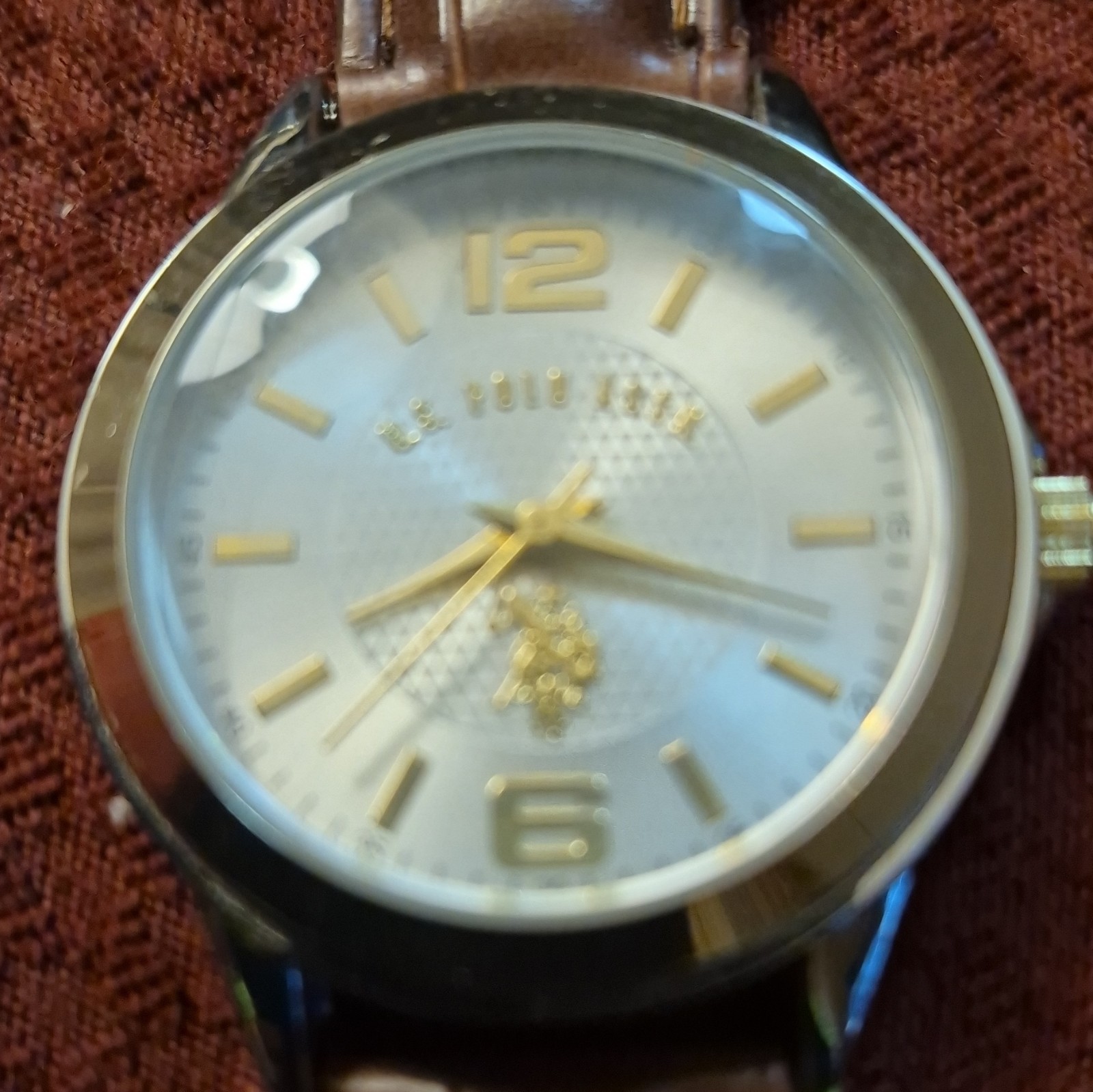 U.S. Polo Assn. Quartz Analog Watch Brown Leather Strap Silver Case 40-43.9mm