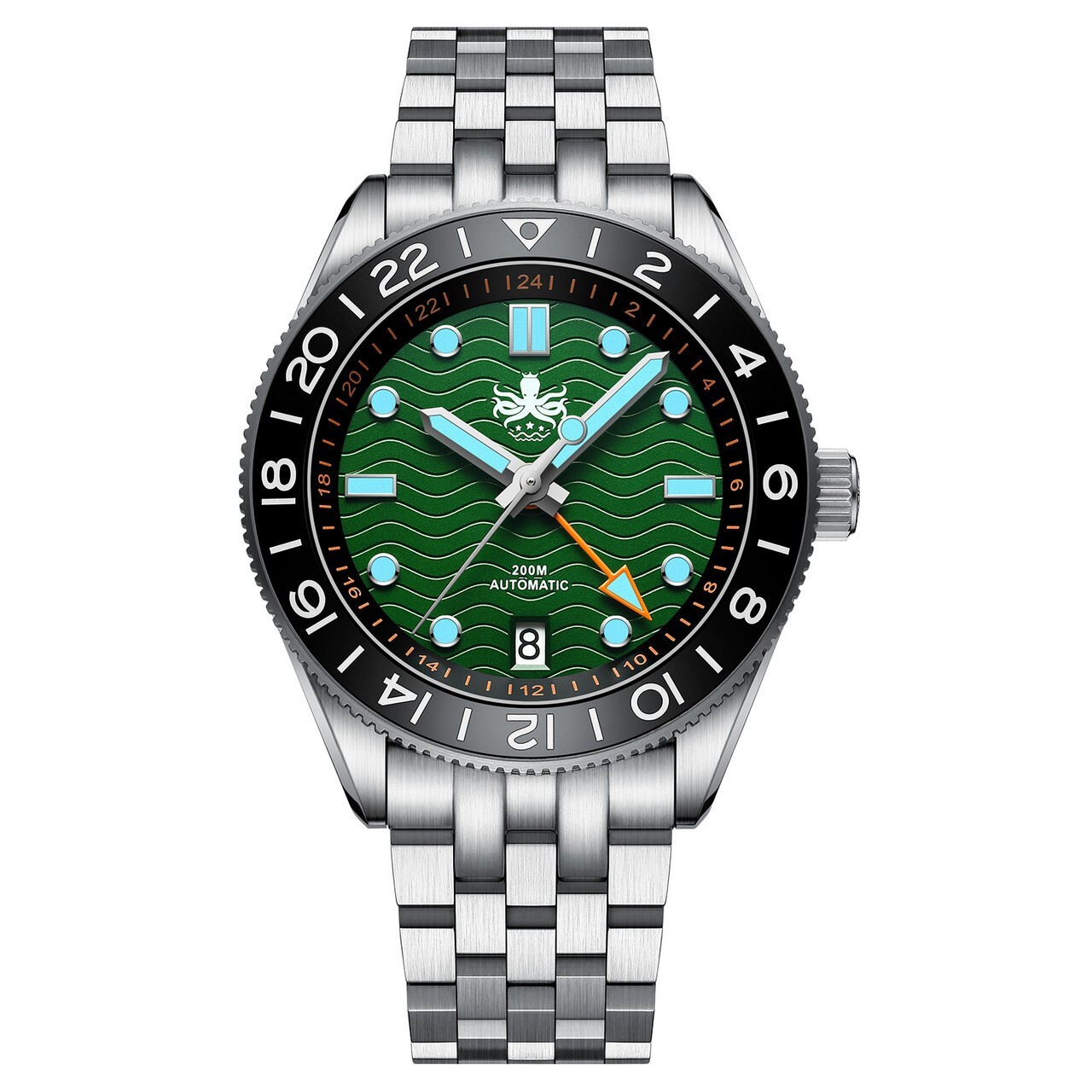 PHOIBOS Wave Master GMT PY049A Men’s Diver Watch Green Dial 200m WR Steel