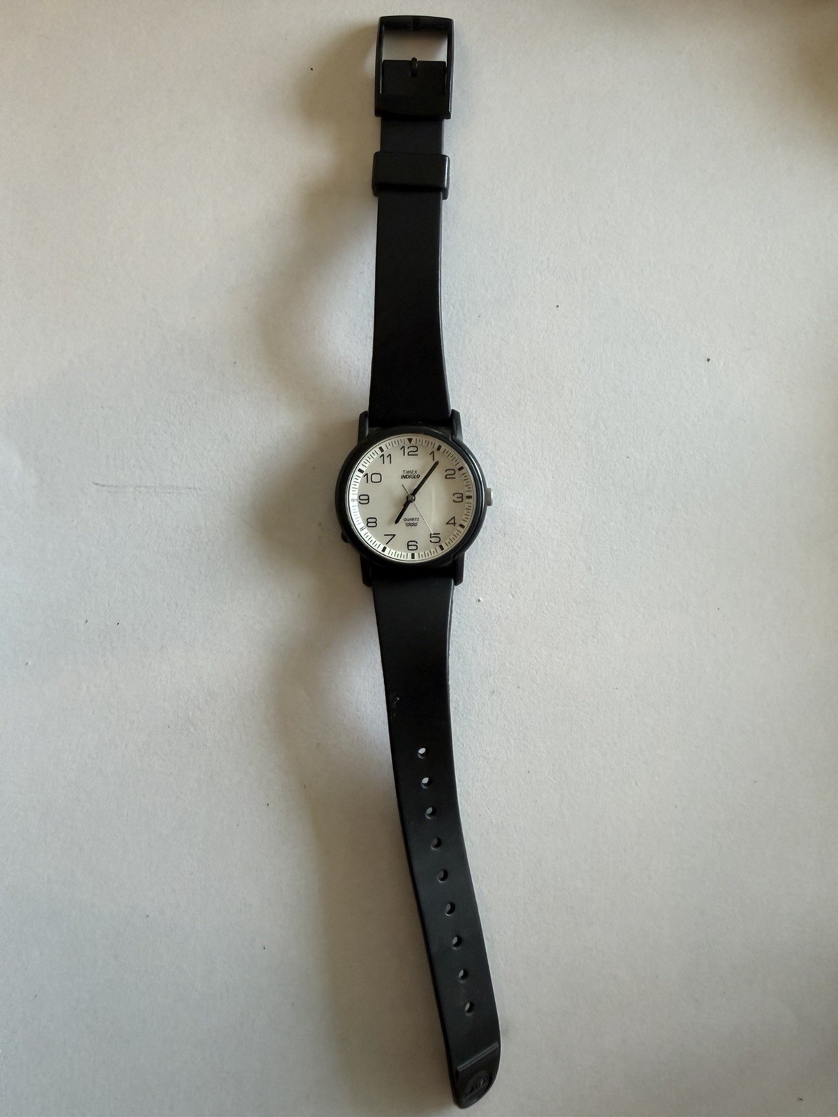Timex Indiglo Quartz Analog White Dial 34mm Black Plastic Strap Water Resist