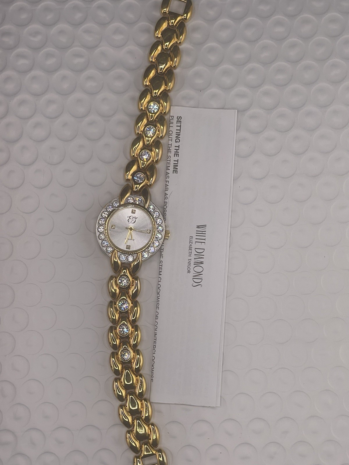 Elizabeth Taylor White Diamonds Quartz Vintage Formal Watch Gold Tone Rhinestone
