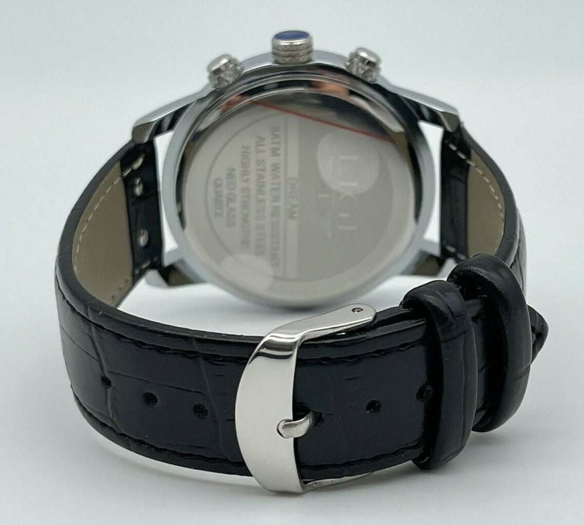 NEW Men’s LIGE Silver Tone Moonphase Chronograph Black Leather Dress Watch