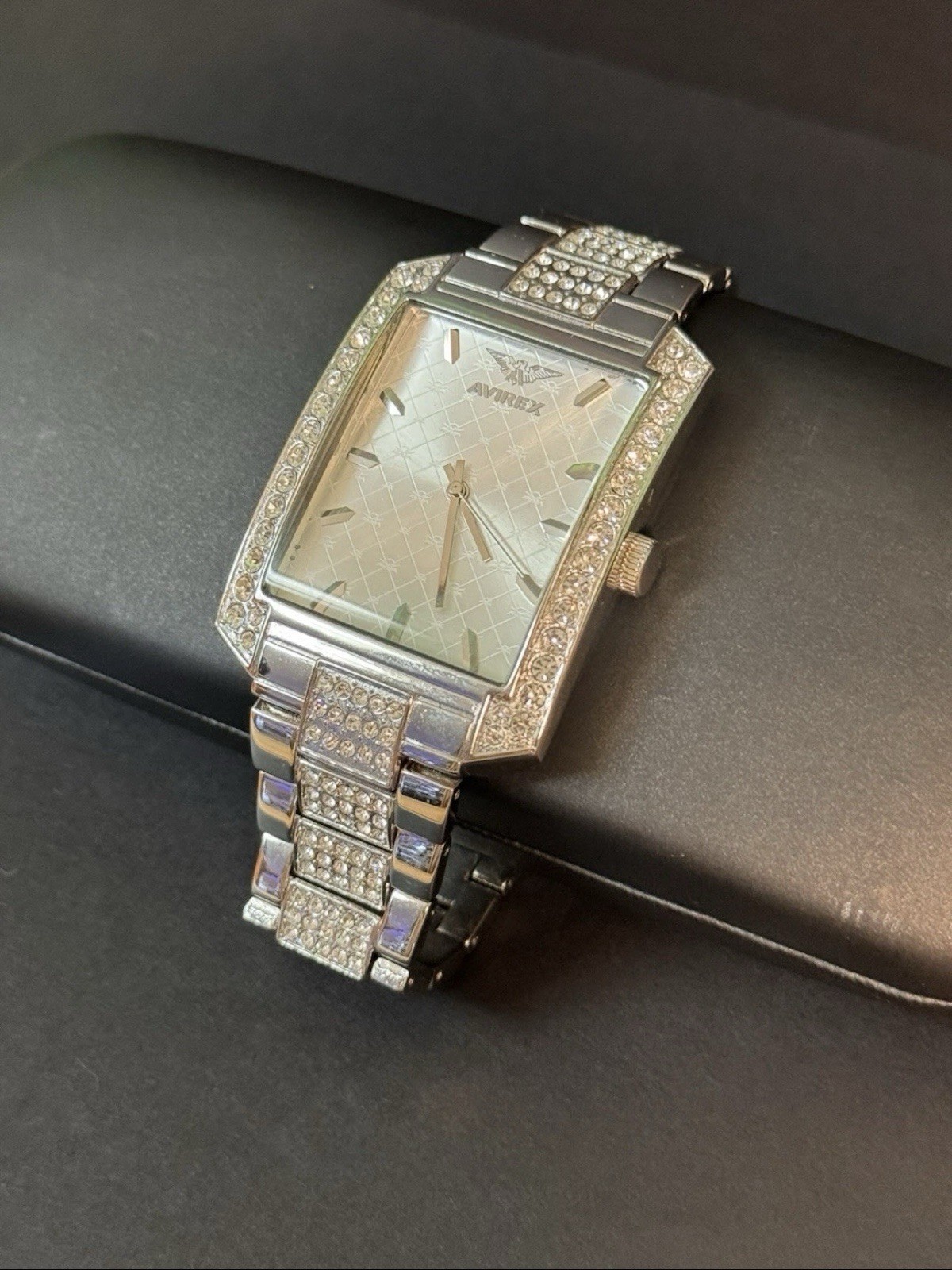 Avirex Men’s Rhinestone Watch – Silver Tone Rectangle Face Bling Iced Out