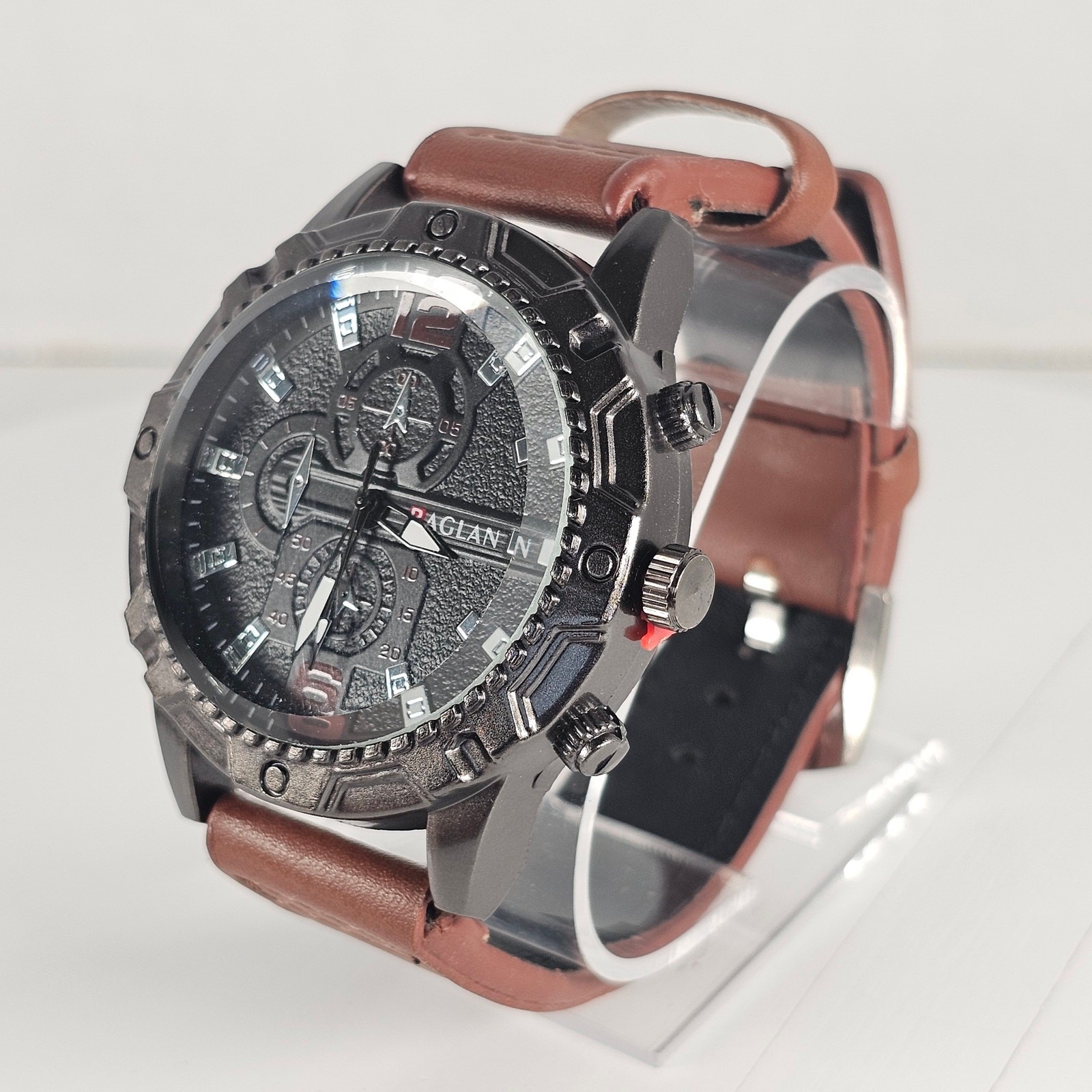 Raglan Men’s Quartz Watch Black Dial Brown Band 43.9mm Case Chrono Look NEW