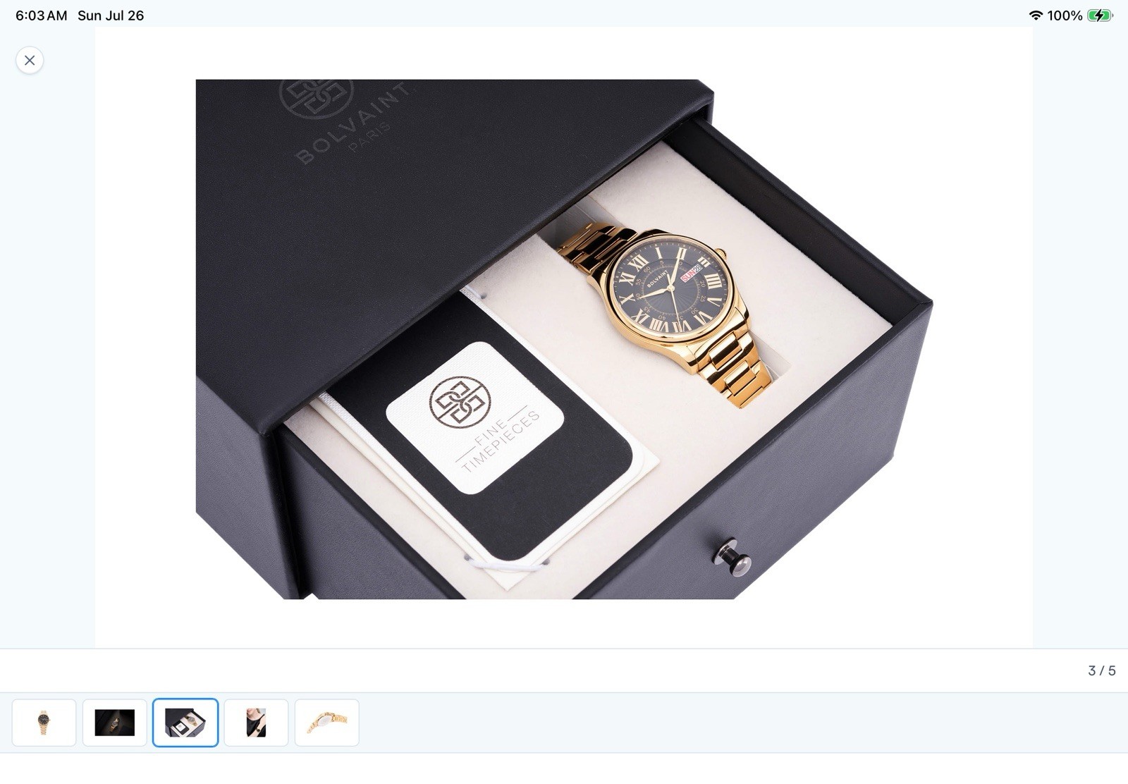 BOLVAINT Paris Women’s Quartz 34mm Black Roman Dial Day/Date Gold SS Box
