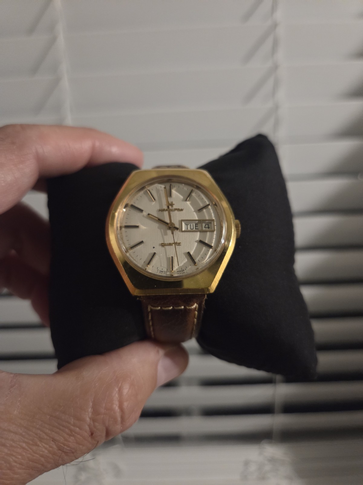 Hamilton Quartz Day/Date Hexagon Gold-Plated Case Silver Dial Brown Leather