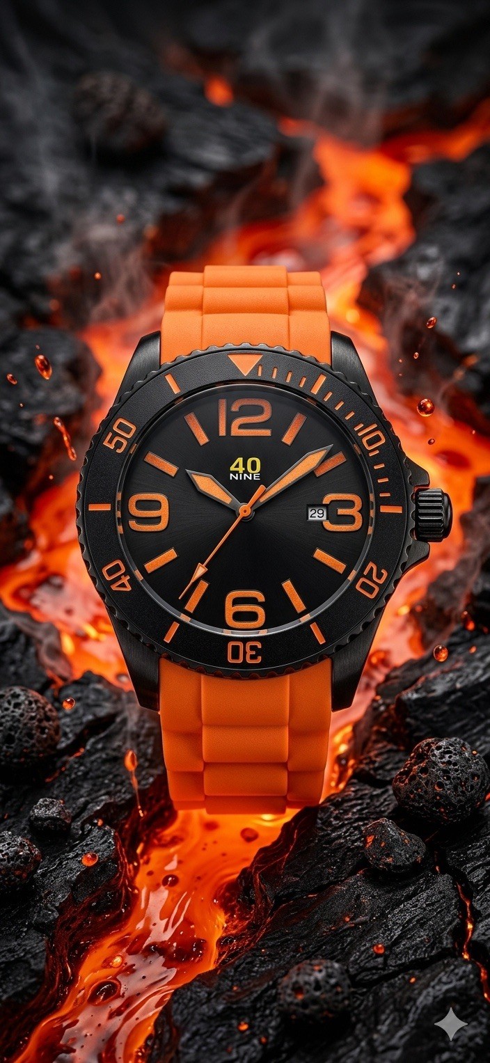 40NINE 46mm Quartz Watch with Black Dial and Orange Silicone Rubber Strap