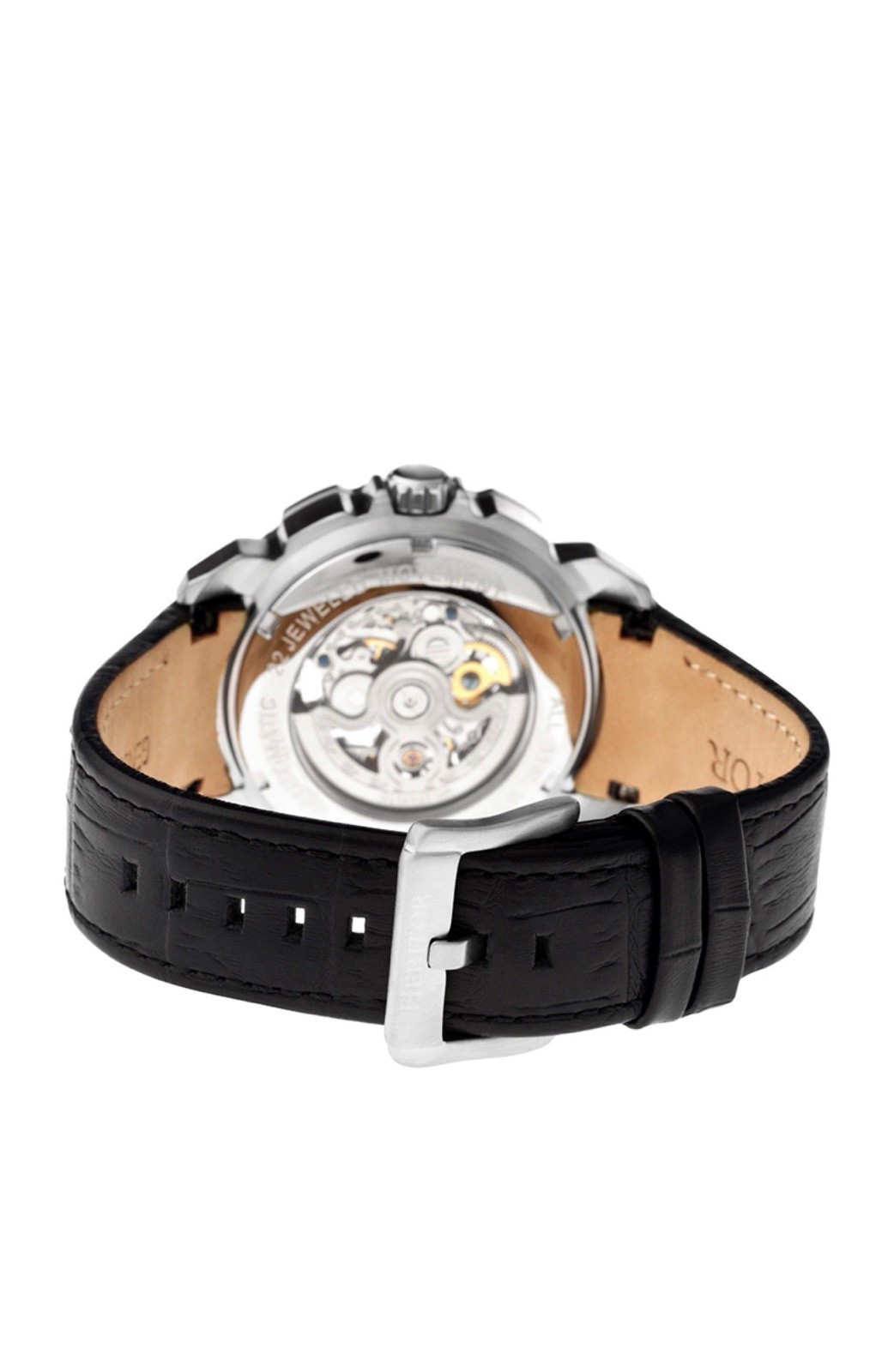 HERITOR Automatic Skeleton Watch Black Leather Strap Silver Case 46mm