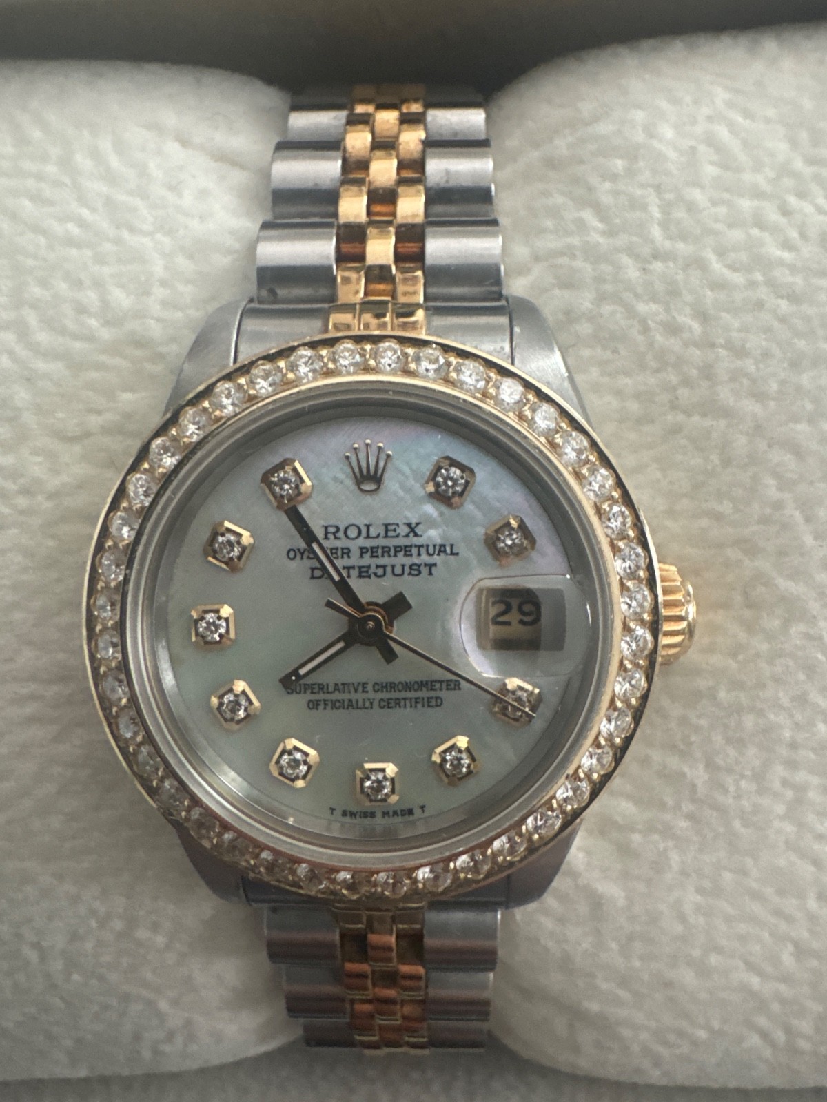 Ladies Rolex Oyster Perpetual Date 69173 Mother of Pearl Diamond Dial Watch LW-3