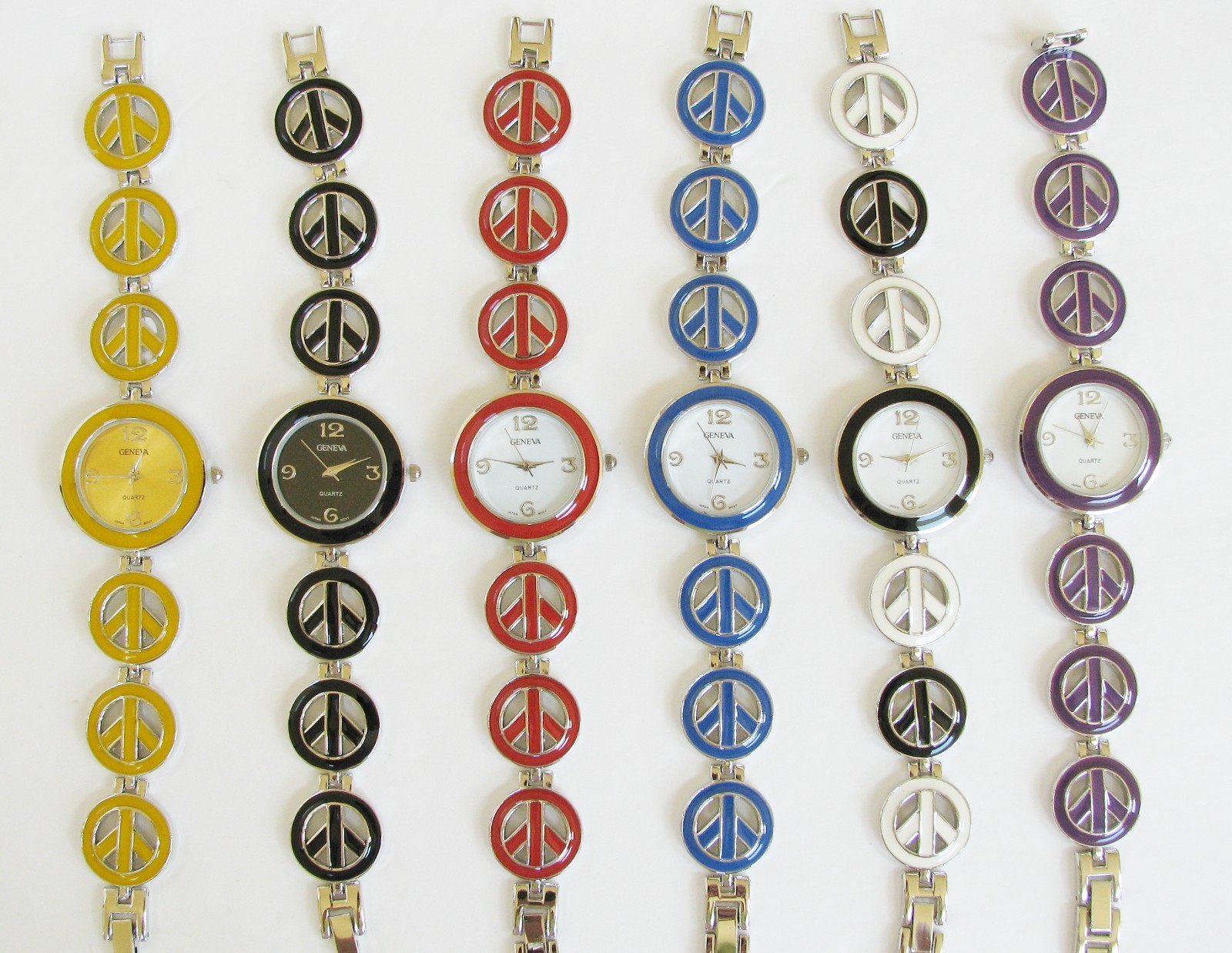 GENEVA 3D MULTI PEACE LOGO SIGN METAL BRACELET RED,BLUE,BLACK,WHITE WATCH-NEW