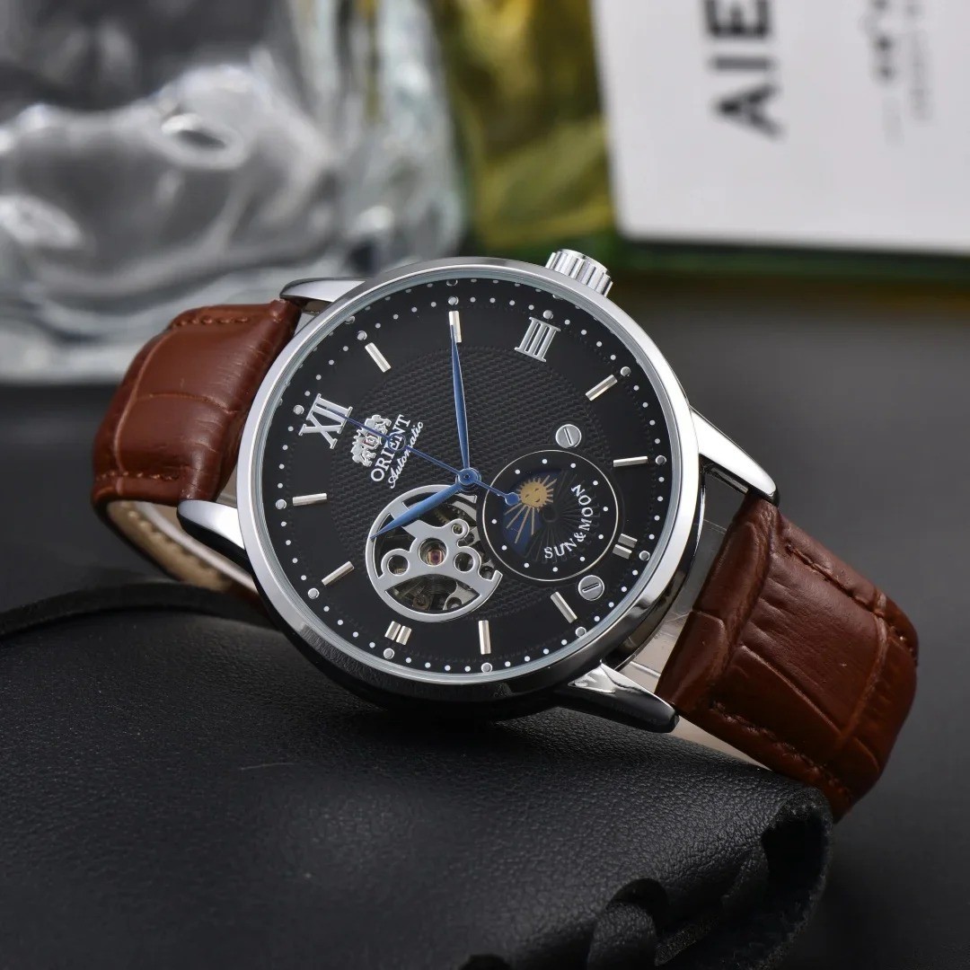 Sun & Moon Semi Skeleton Automatic Watch Men’s Leather Strap Luxury Gift