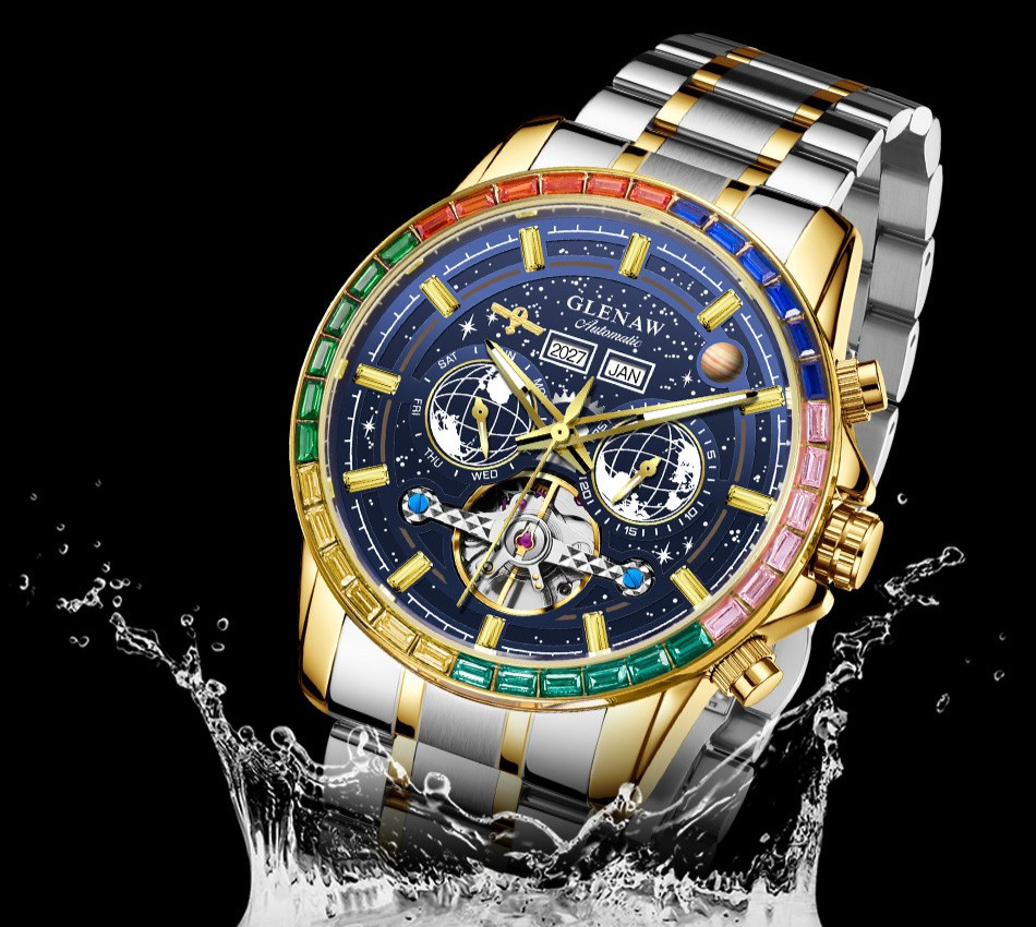 GLENAW Men’s Automatic Watch Rainbow Gemstone Bezel Blue Dial Steel Strap Wristw