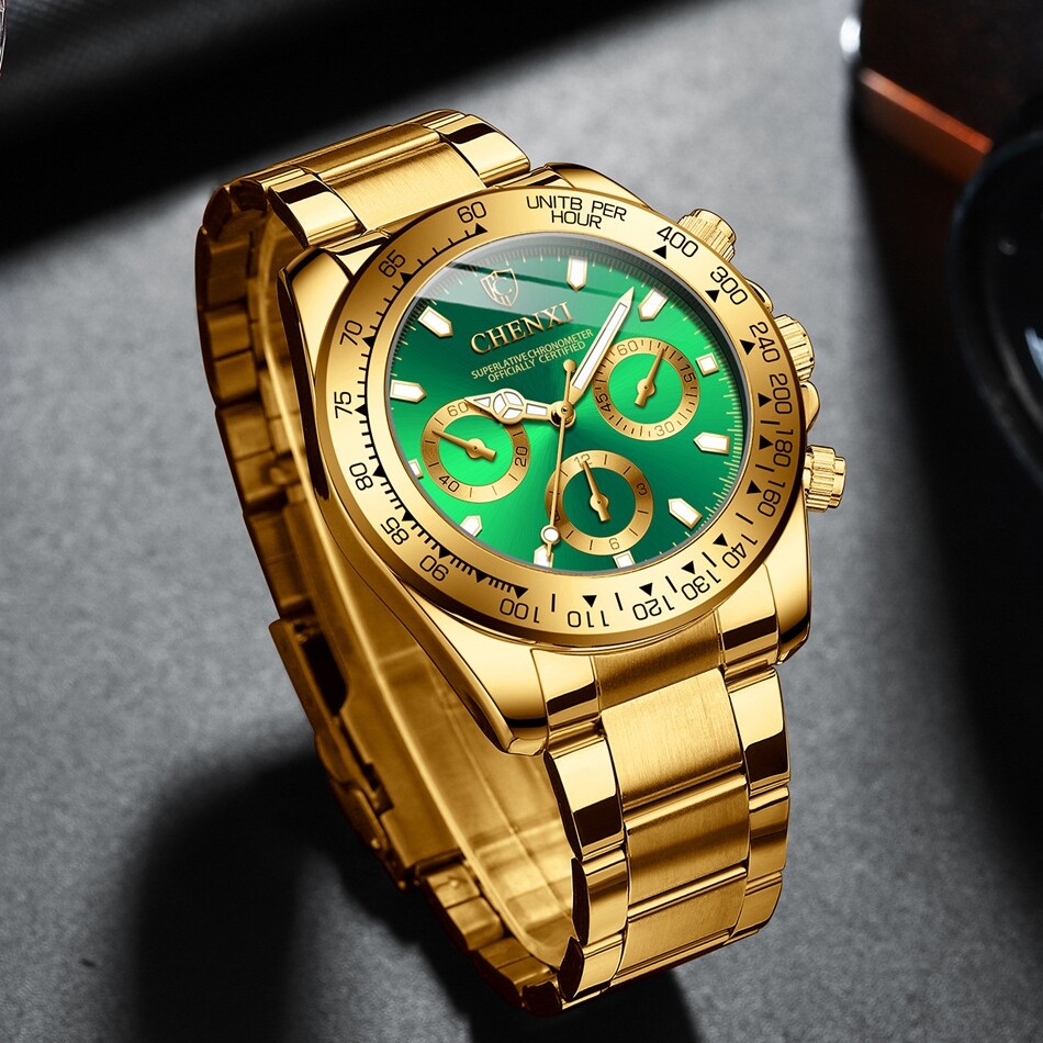 Men Gold Stainless Steel 30m (3 atm) Waterproof 3 Decoration Dials Quartz Watch