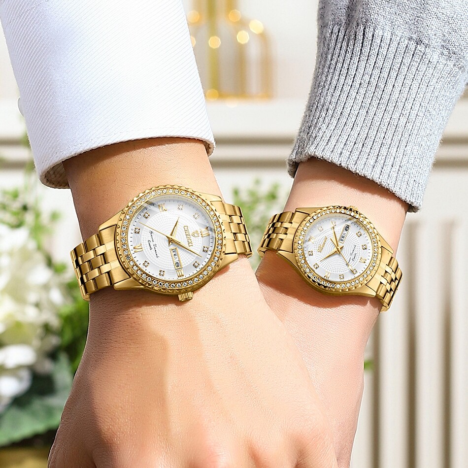 30m (3 atm) Water Resistance Gold Crystal Luminous Men/Woman Couple Quartz Watch