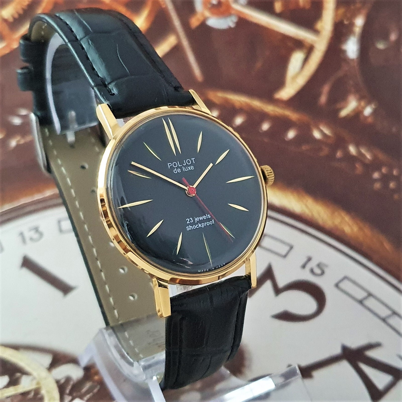 Vintage Watch Poljot De Luxe ULTRA SLIM 2209 Black Dial Mechanical Watch USSR