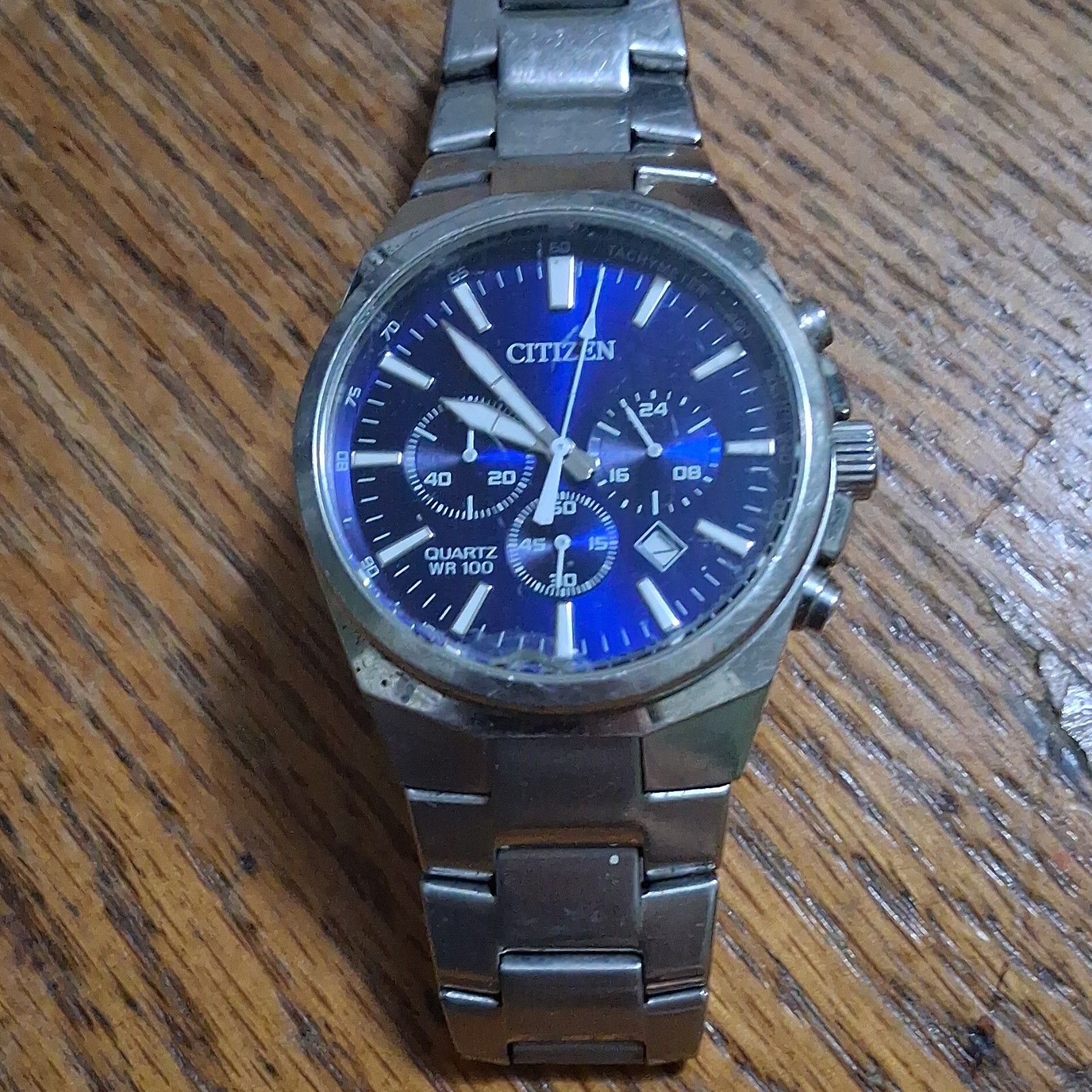 Citizen Quartz Chronograph WR100 Tachymeter Date Blue Dial SS Bracelet