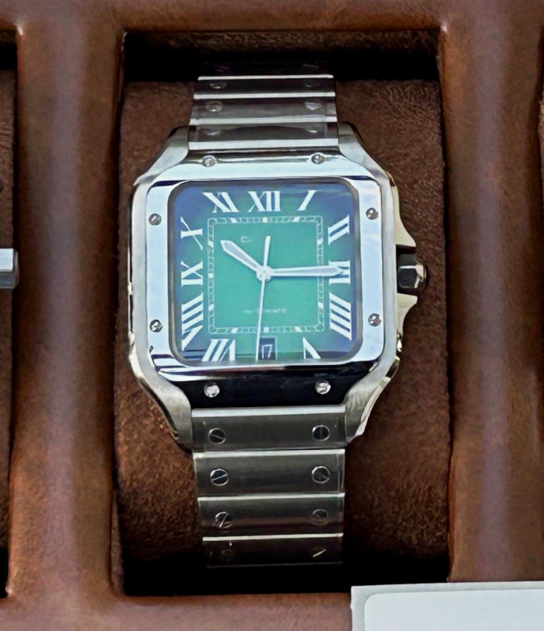 Classic Square Automatic Watch – Green Roman Dial Stainless Steel band
