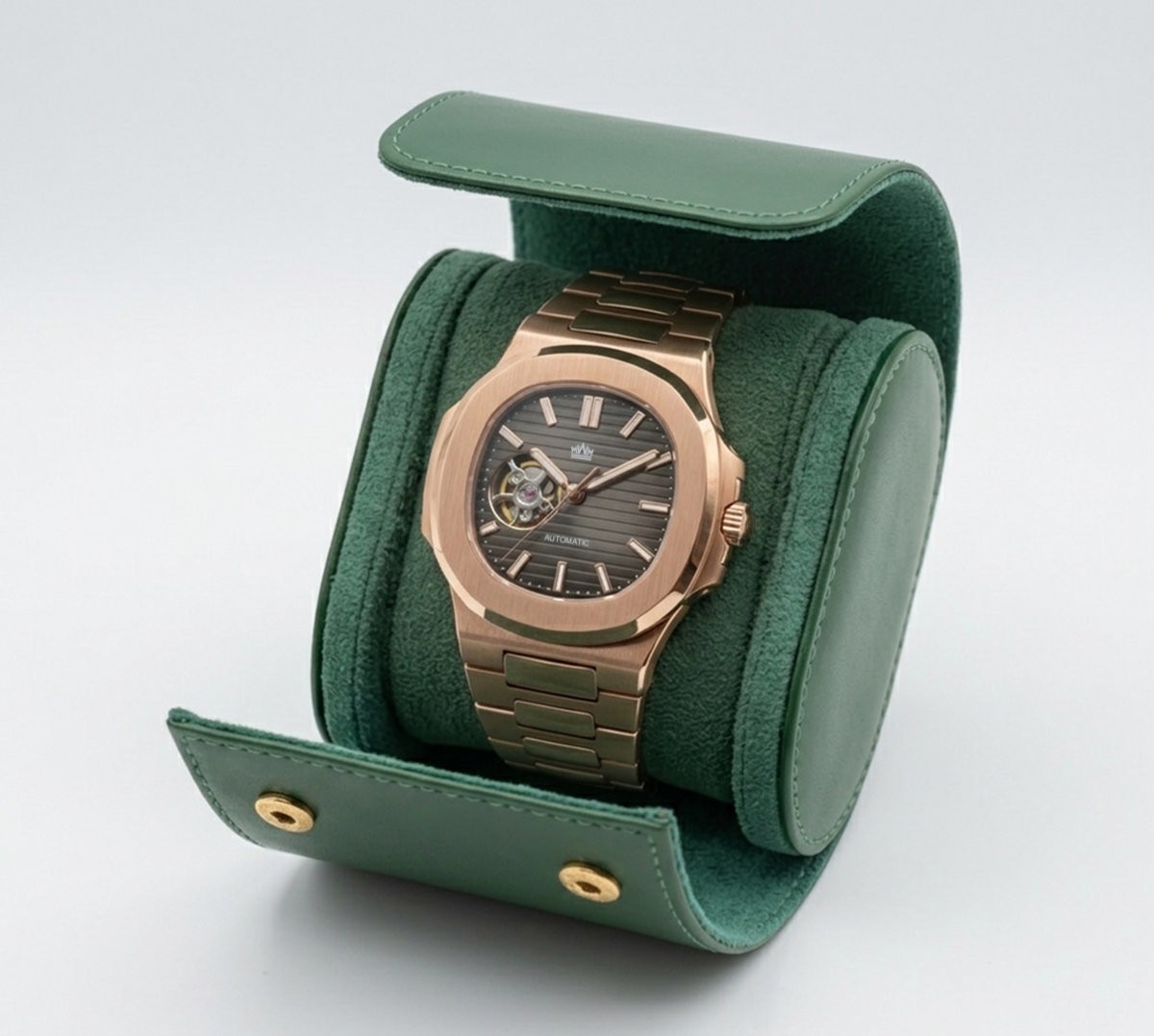 Nauteiko Mod Custom Made Automatic Watch Rose Gold Chocolate Dial Open Heart