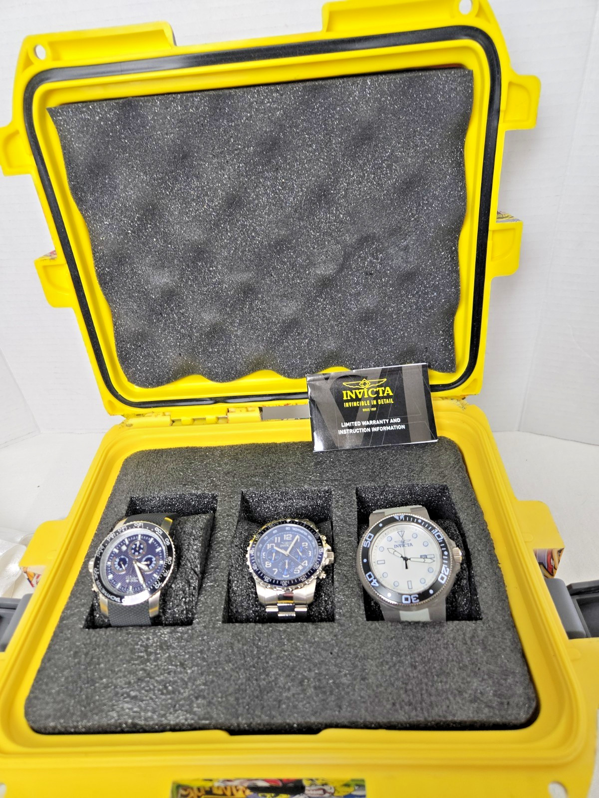 Invicta Men’s 3 Watch Collection Set with Yellow Impact Graffiti Case Diver