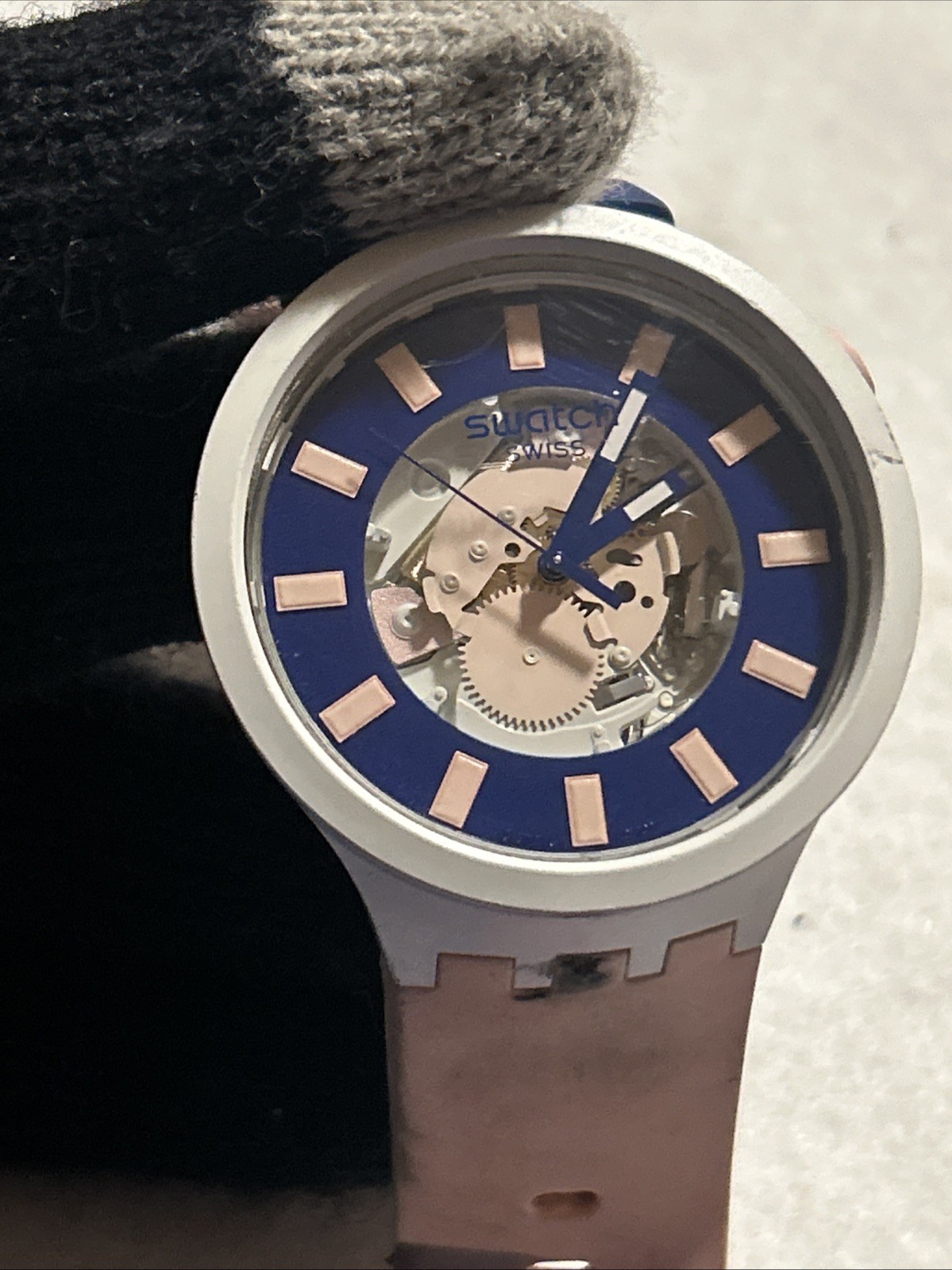SWATCH BIG BOLD BIOCERAMIC Watch SWISS Analog Pink Navy Strap Dameged