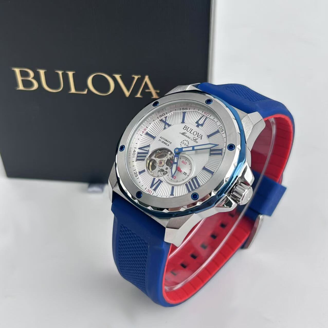 Bulova Marine Star 98A225 White Dial Red/Blue Rubber Strap Men’s Automatic Watch