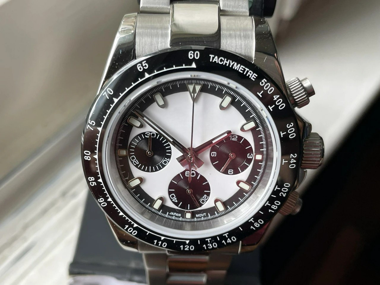 Custom Built Chronograph Watch | VK63 Quartz | White Dial & Burgundy Sub-Dials