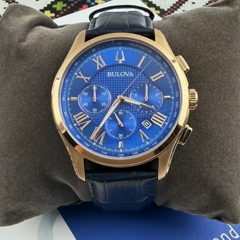 Bulova Classic Wilton Men’s 97B170 Blue Dial Blue Leather Quartz Watch 46.5mm