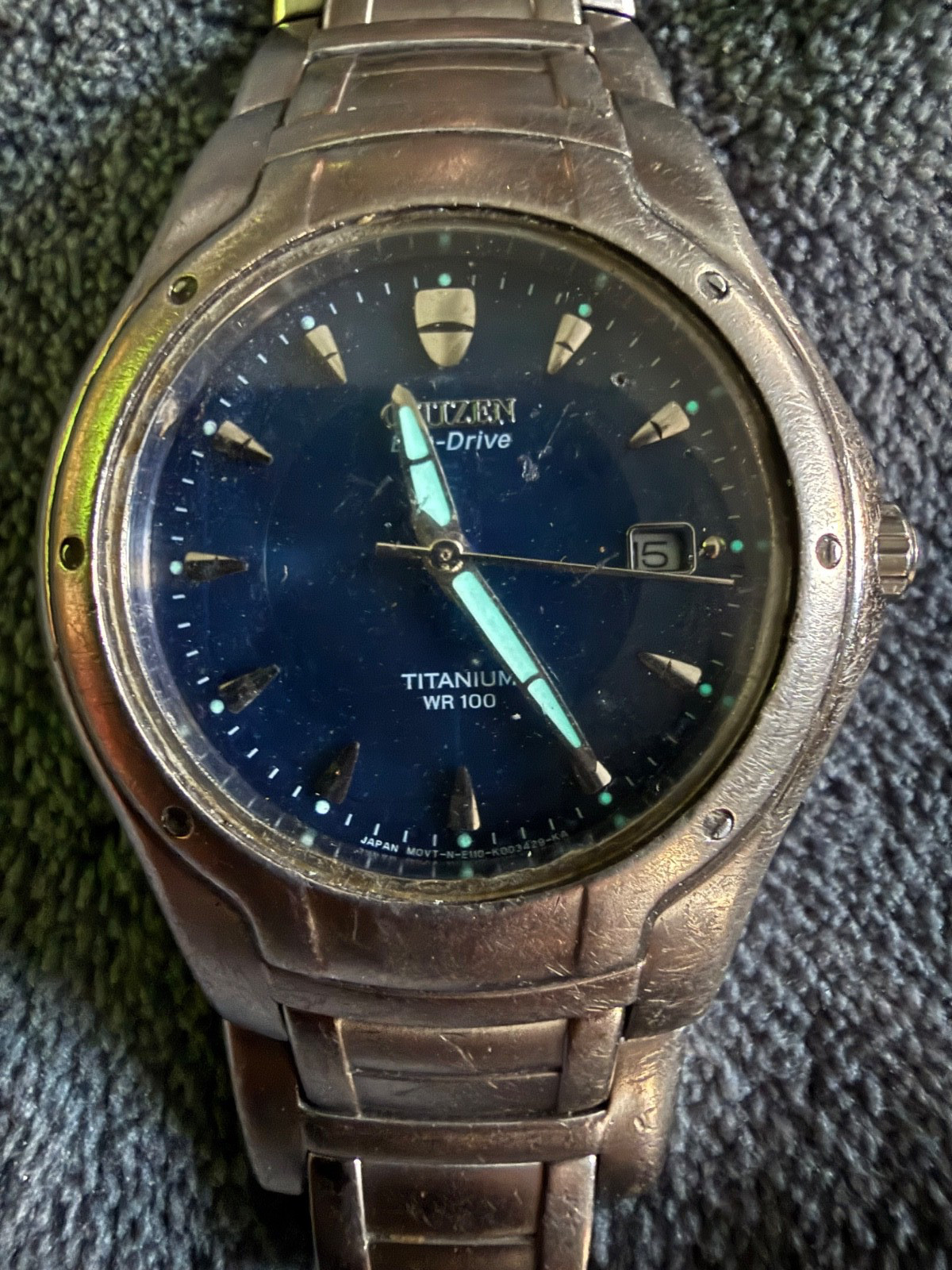 Citizen Eco-Drive Titanium WR100 Blue Dial /Watch Works (Needs Band Repair)