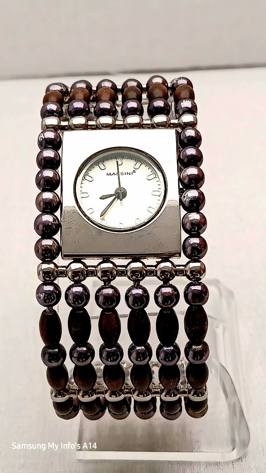 MASSINI WATCH SILVER BALLS & BROWN WOODEN BEADS CUFF BAND. NEW BATTERY.