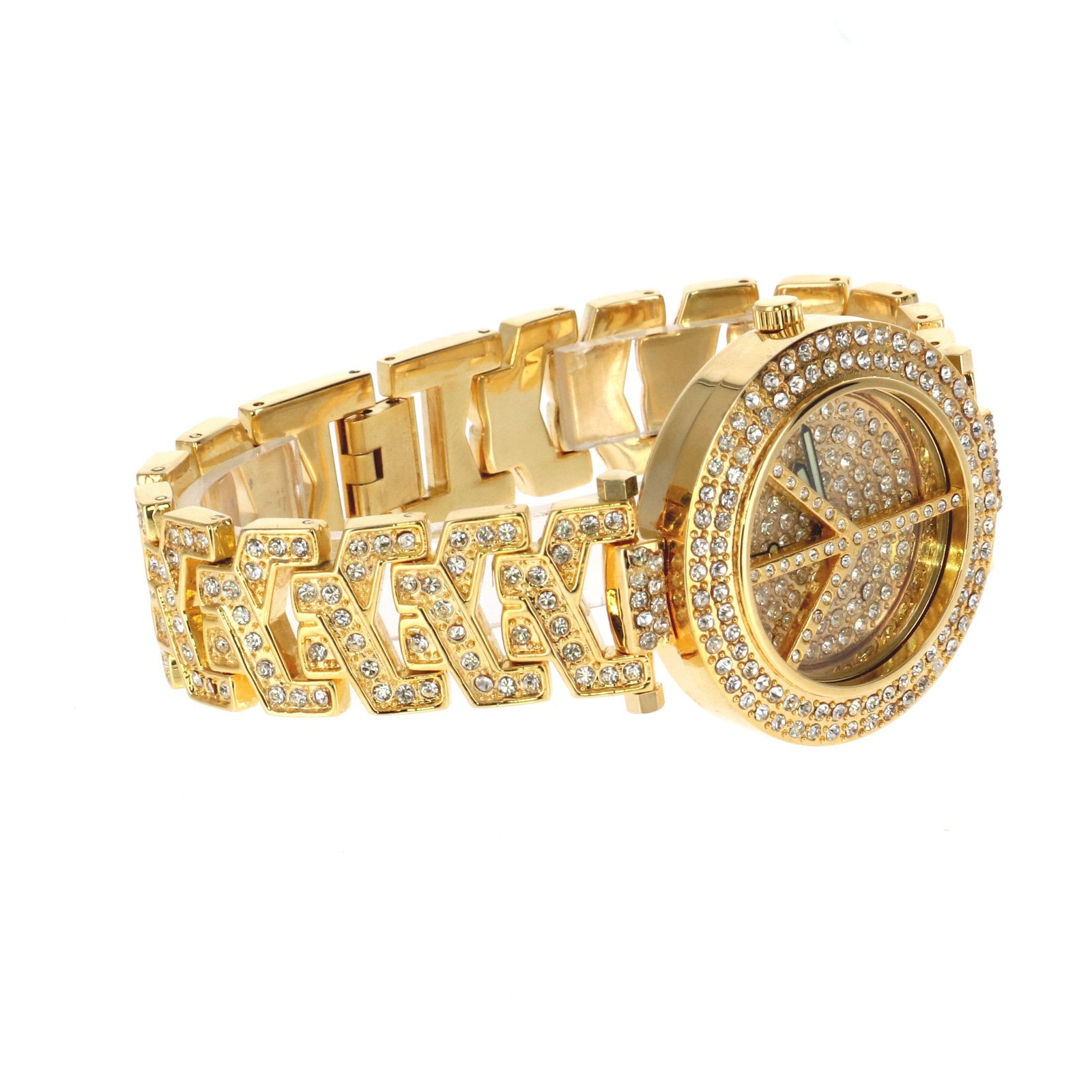 Ladies Gold Tone Fully Ice CZ Clubbing PEACE SIGN Watch 38.5mm