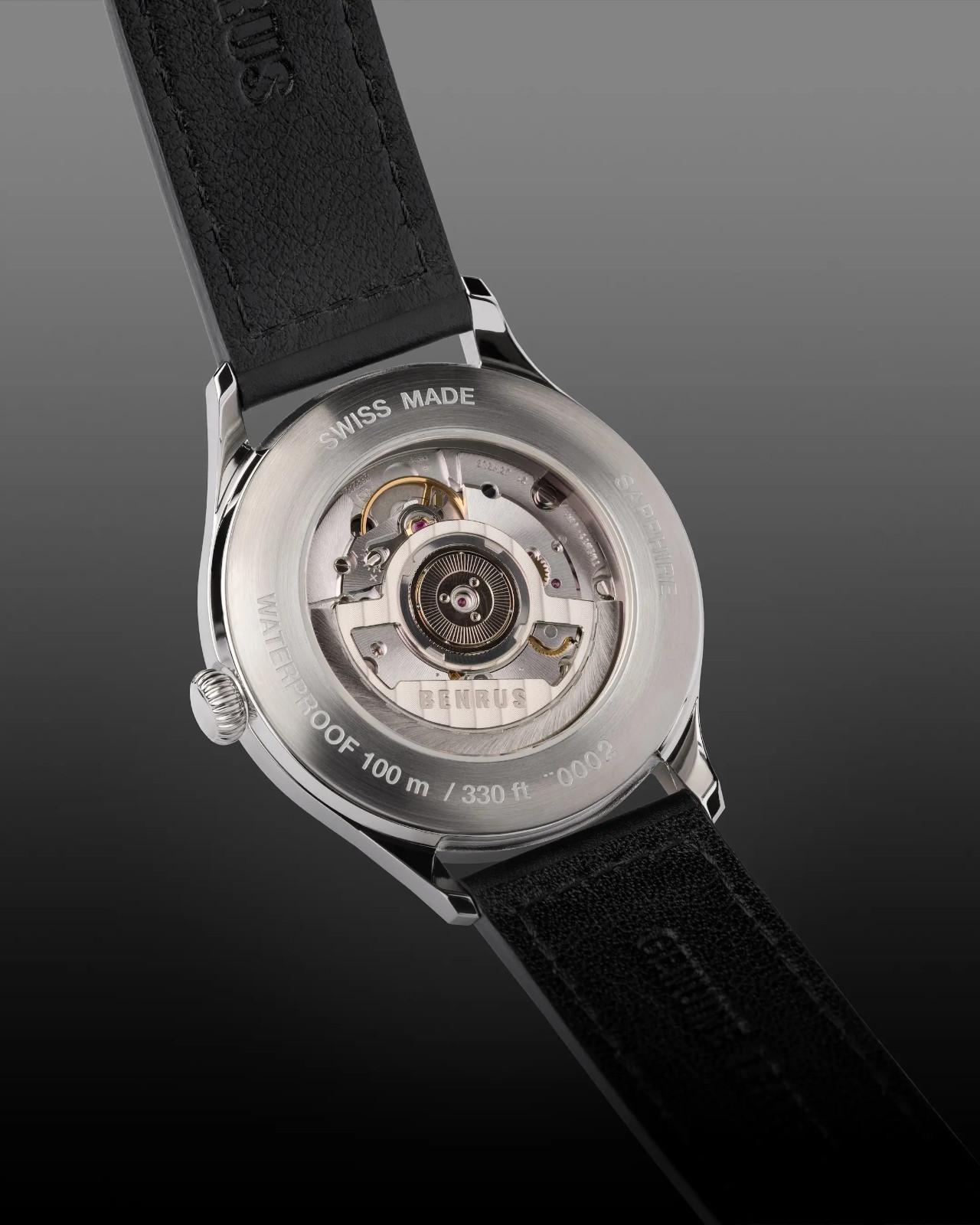 BENRUS #3061 BU Automatic Swiss Made Black Dial Sapphire Crystal Watch
