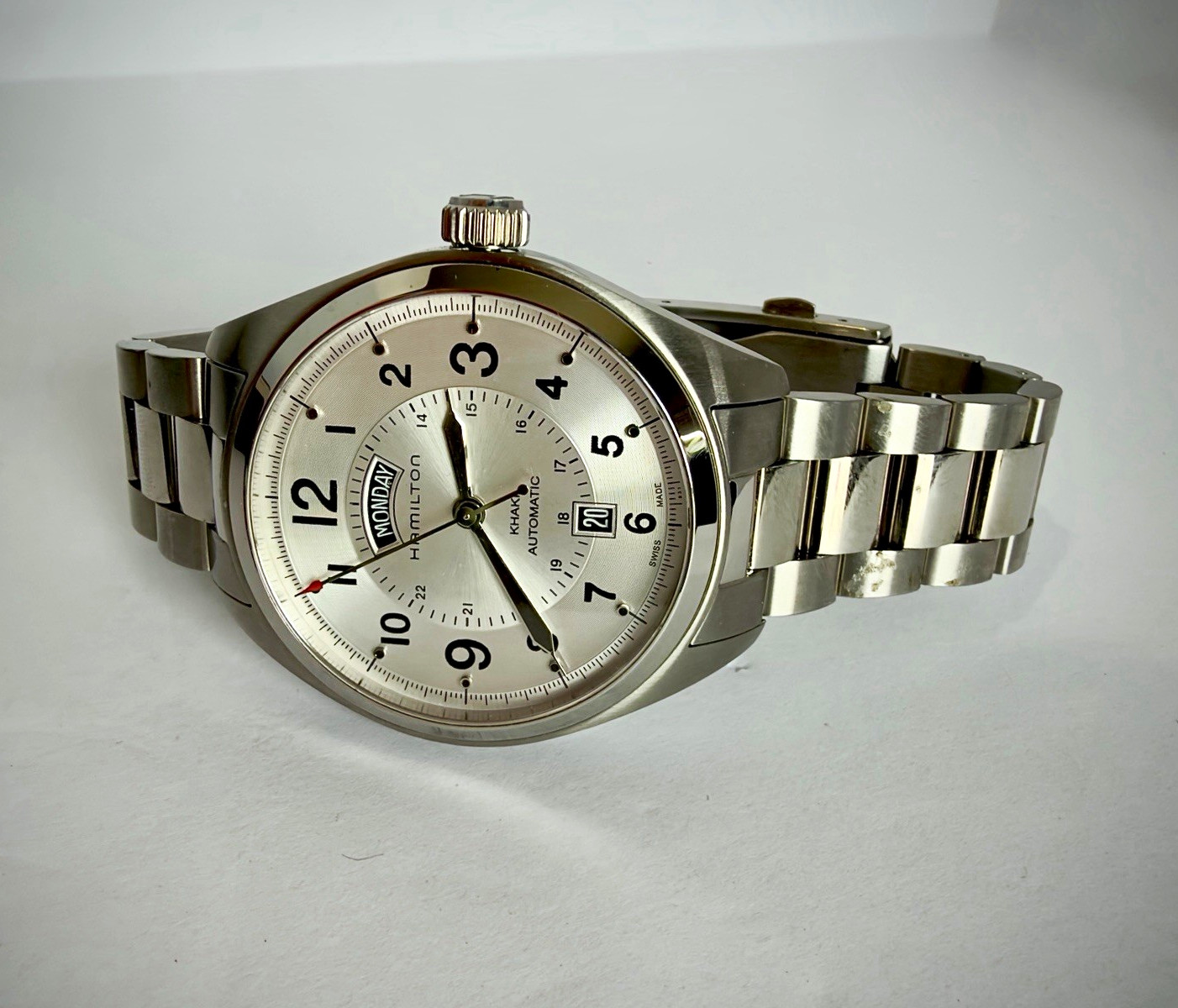 Hamilton Khaki Automatic Day/Date 42mm Silver Dial SS Bracelet Box Papers