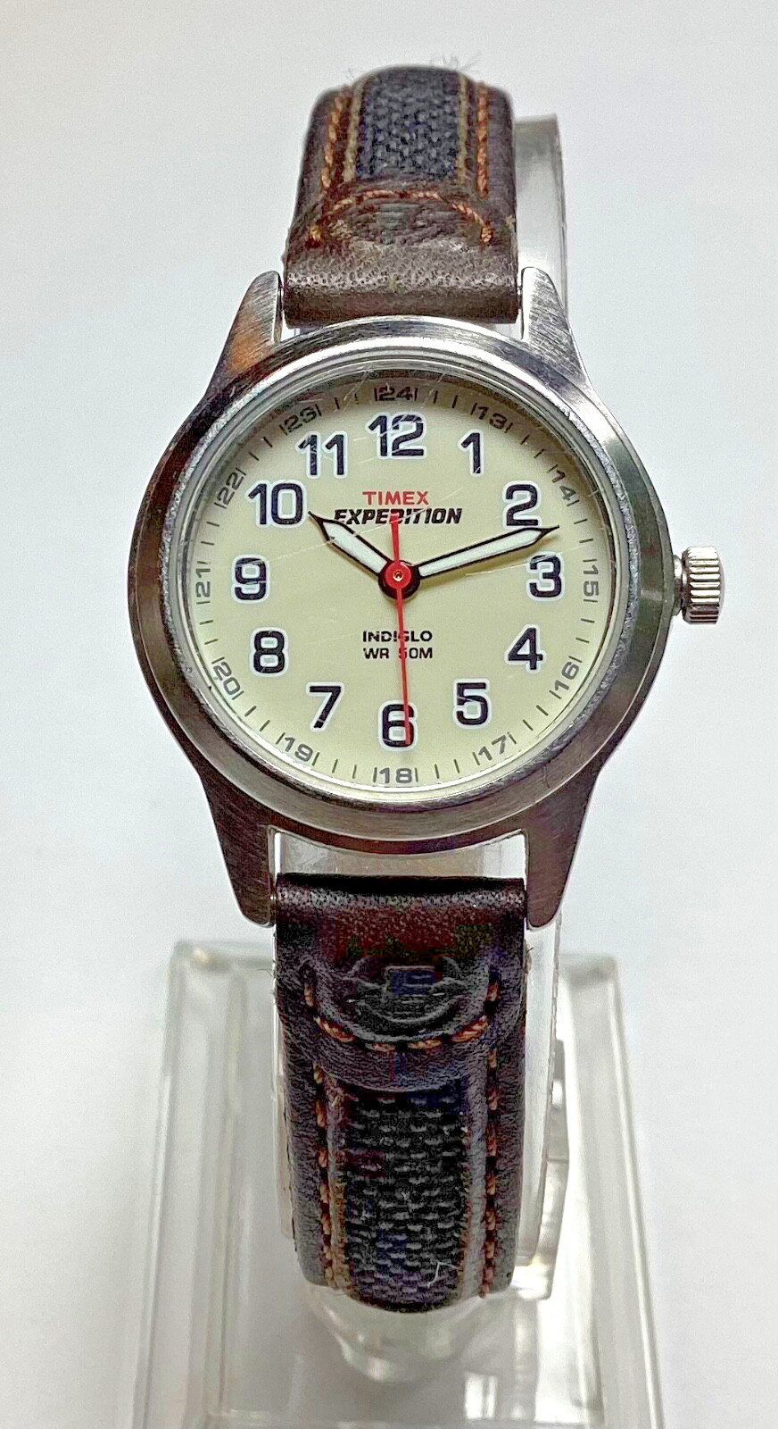 Timex Expedition Watch Indiglo Silver Brown Canvas/Leather Quartz New Battery