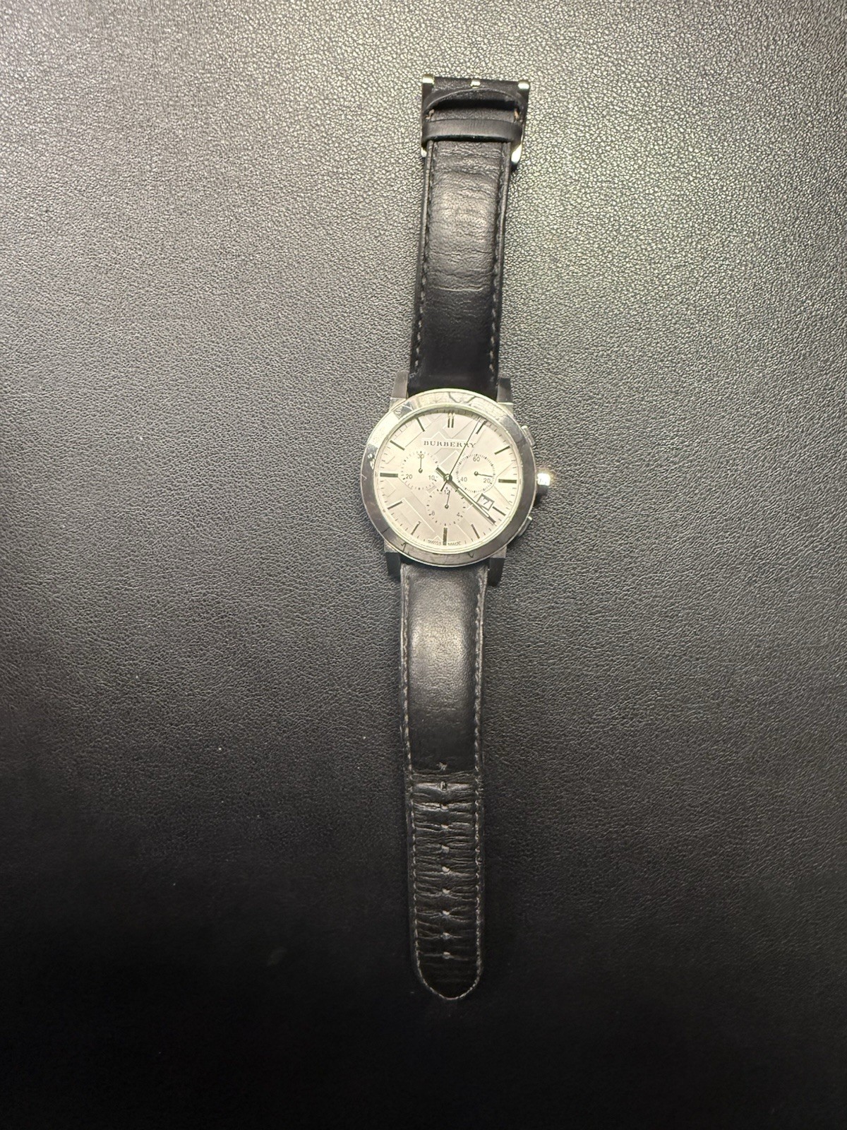 Burberry The City 42mm Silver-Tone Stainless Steel Case, Black Leather Strap