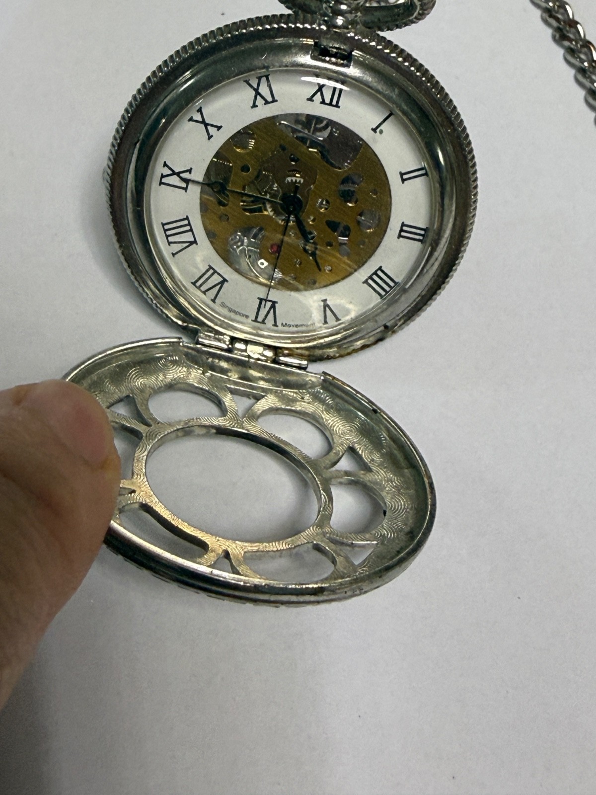 Vintage Skeleton Pocket Watch Roman Numerals Mechanical Style Singapore Movement