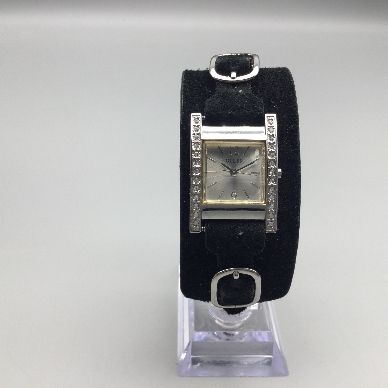 Guess Watch Women G66222L 22mm Silver Tone Bling Black Leather Band New battery