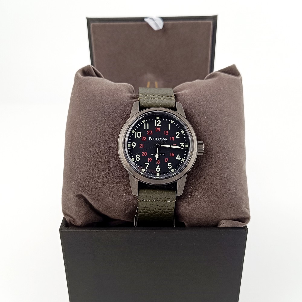 Bulova Military Hack 98A255 Black Dial Green Leather Strap Automatic Men’s Watch