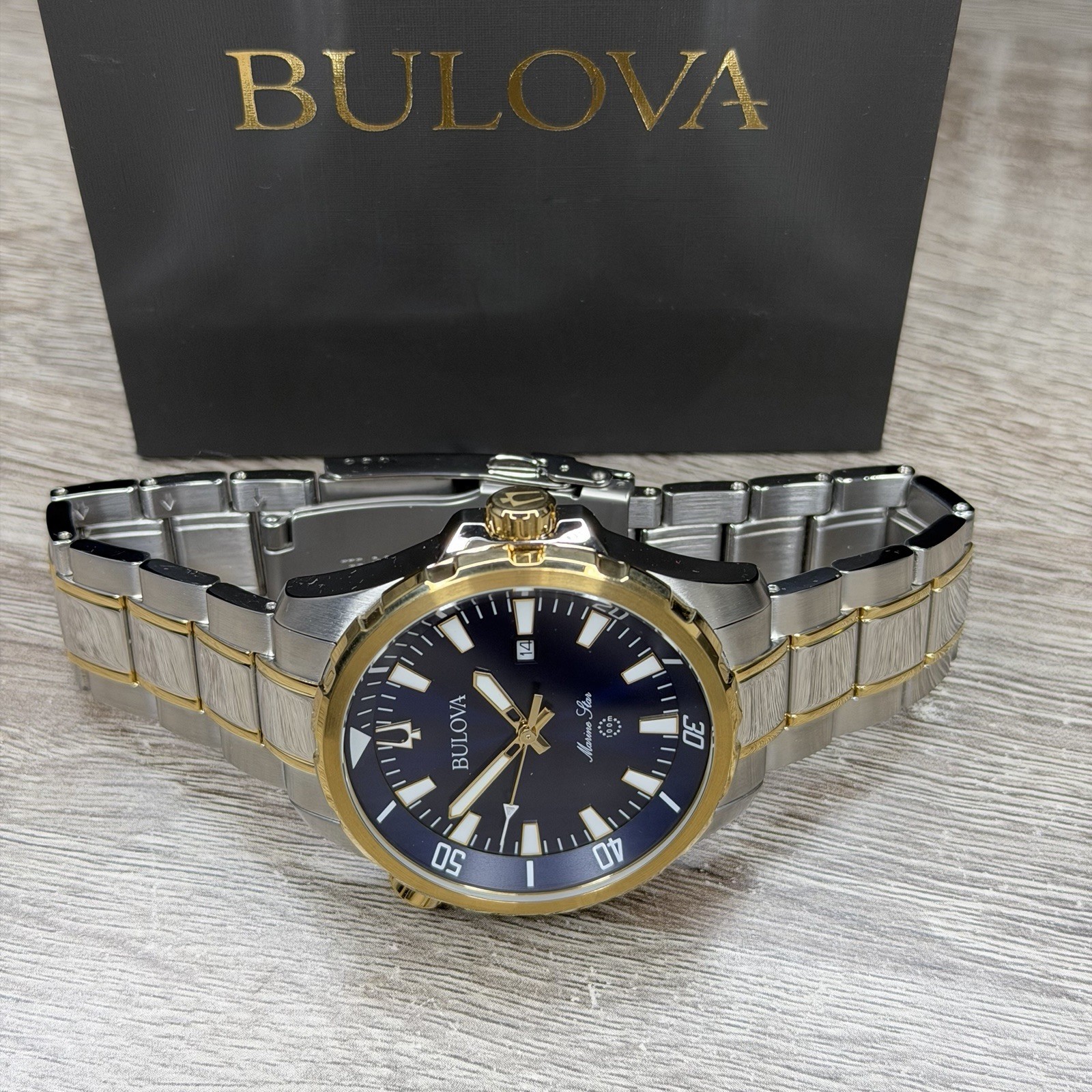 SPORT✅ Bulova Marine Star Blue Dial Calendar Two-Tone Men’s Watch 43mm 98B384