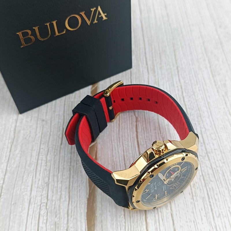 Bulova Marine Star A Automatic Black Gold Dial Black Strap Men Watch 45mm 98A272