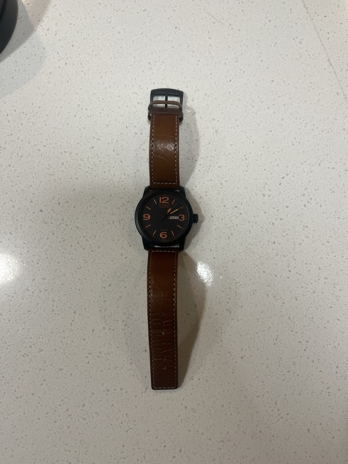 Citizen Eco-Drive Men’s Black Dial Brown Leather Strap Quartz Watch w/ Box