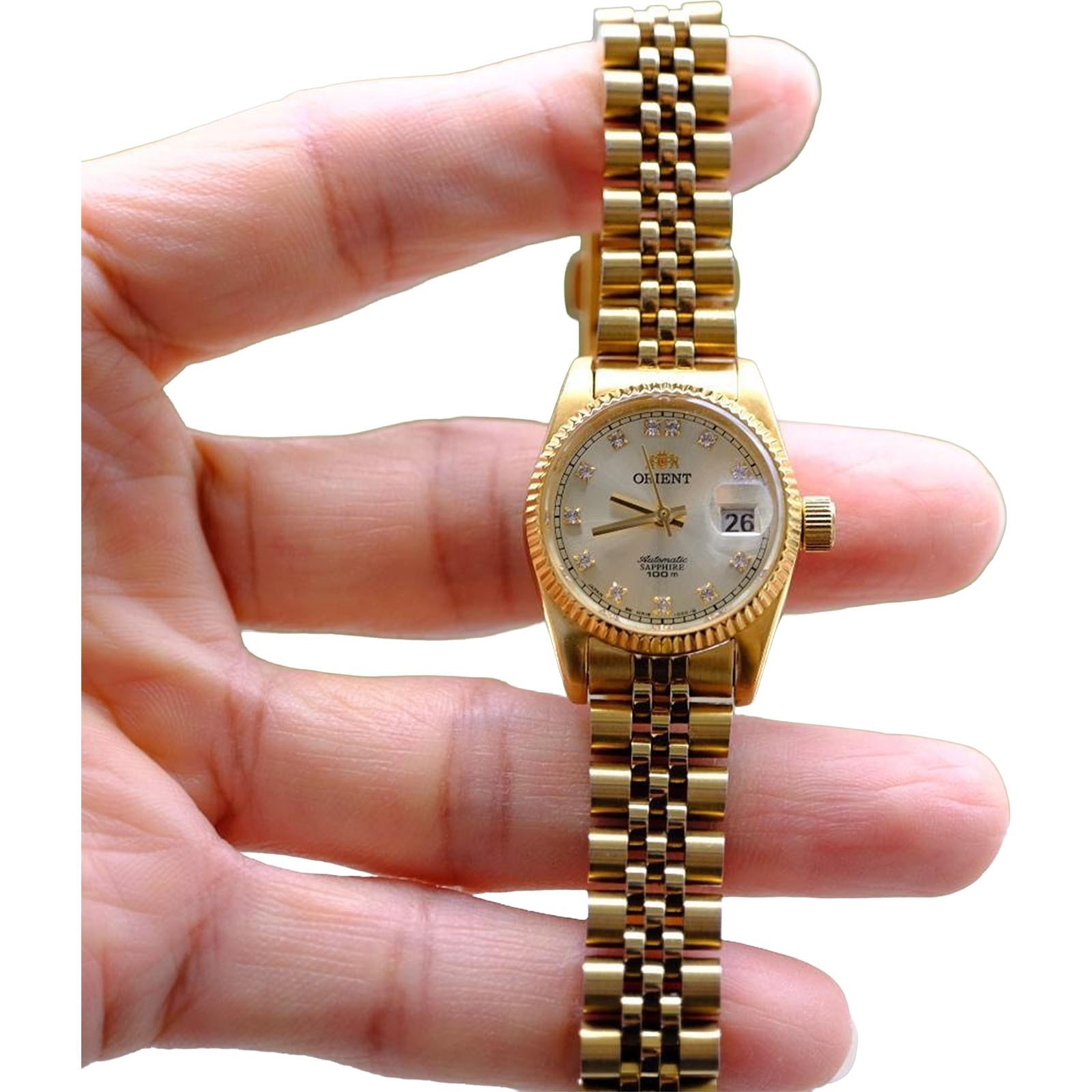 ORIENT President Automatic Ladies Gold Tone Sapphire Watch NR16 Day Date Auth JP