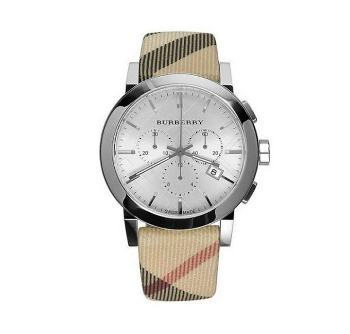 BURBERRY MENS WATCH MULTICOLOUR LEATHER AND FABRIC STRAP WITH SILVER DIAL BU9357