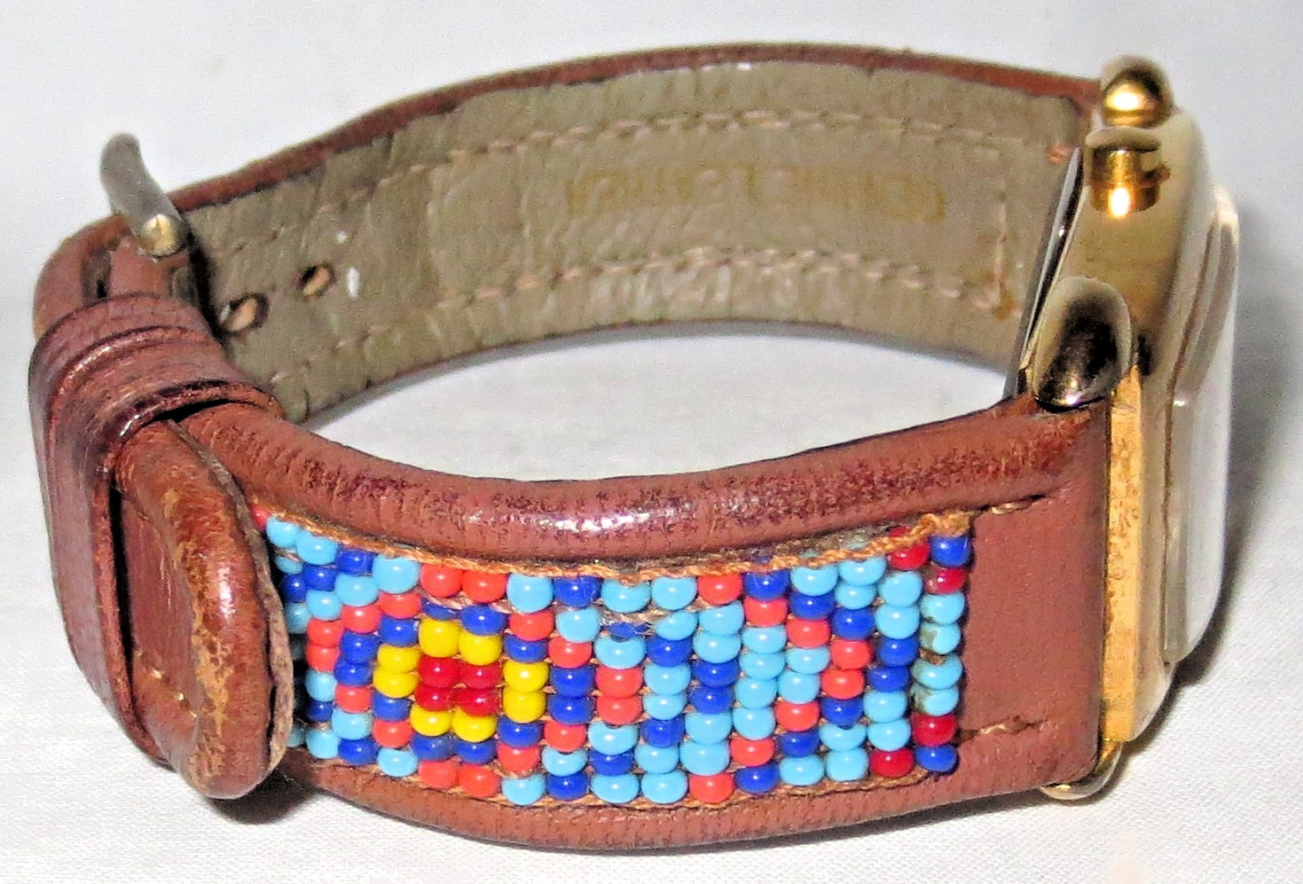 Native American Cherokee Wristwatch Tank Style Aztec Design Dial & Beaded Band