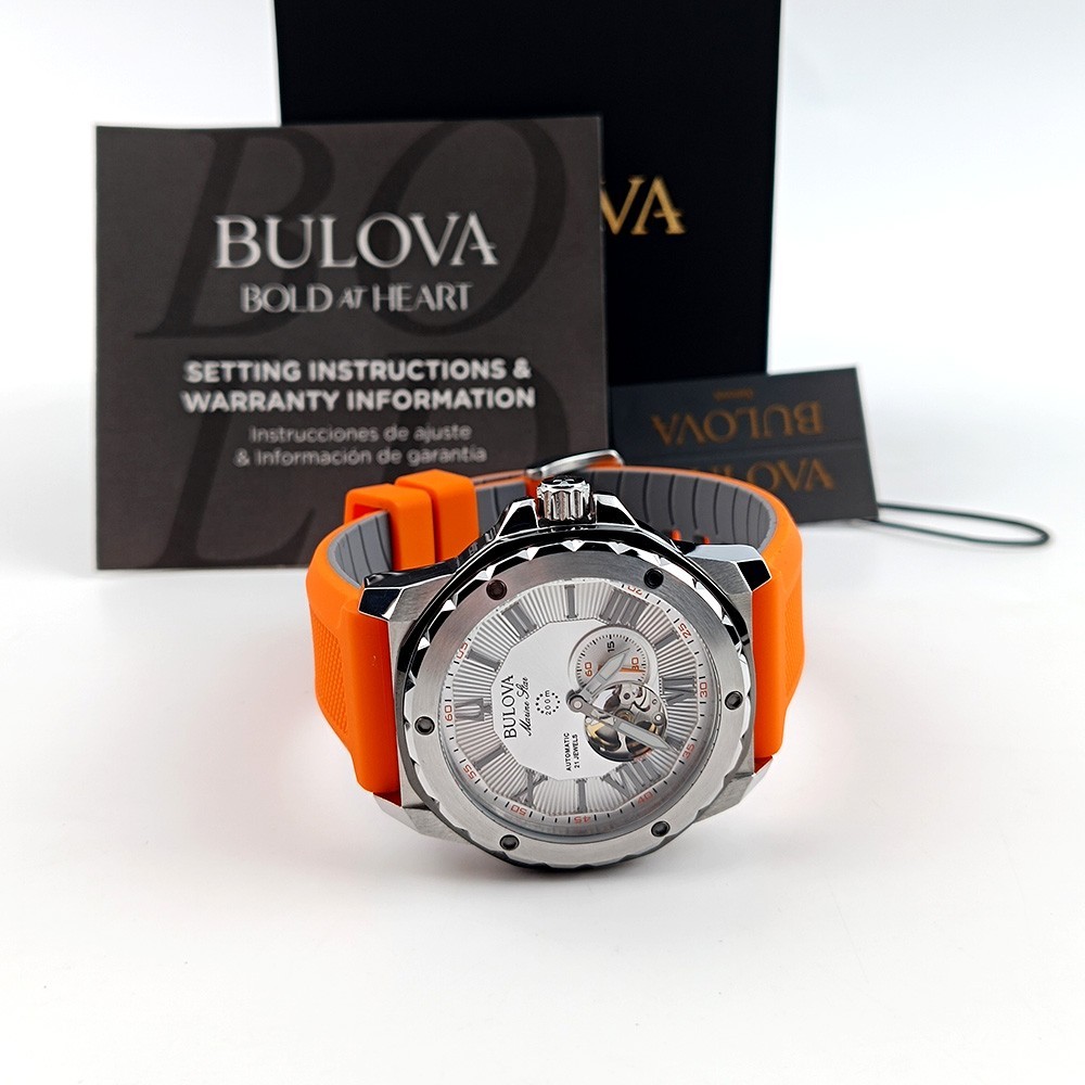 Bulova Marine Star 98A226 Silver Dial Orange Rubber Strap Automatic Men’s Watch