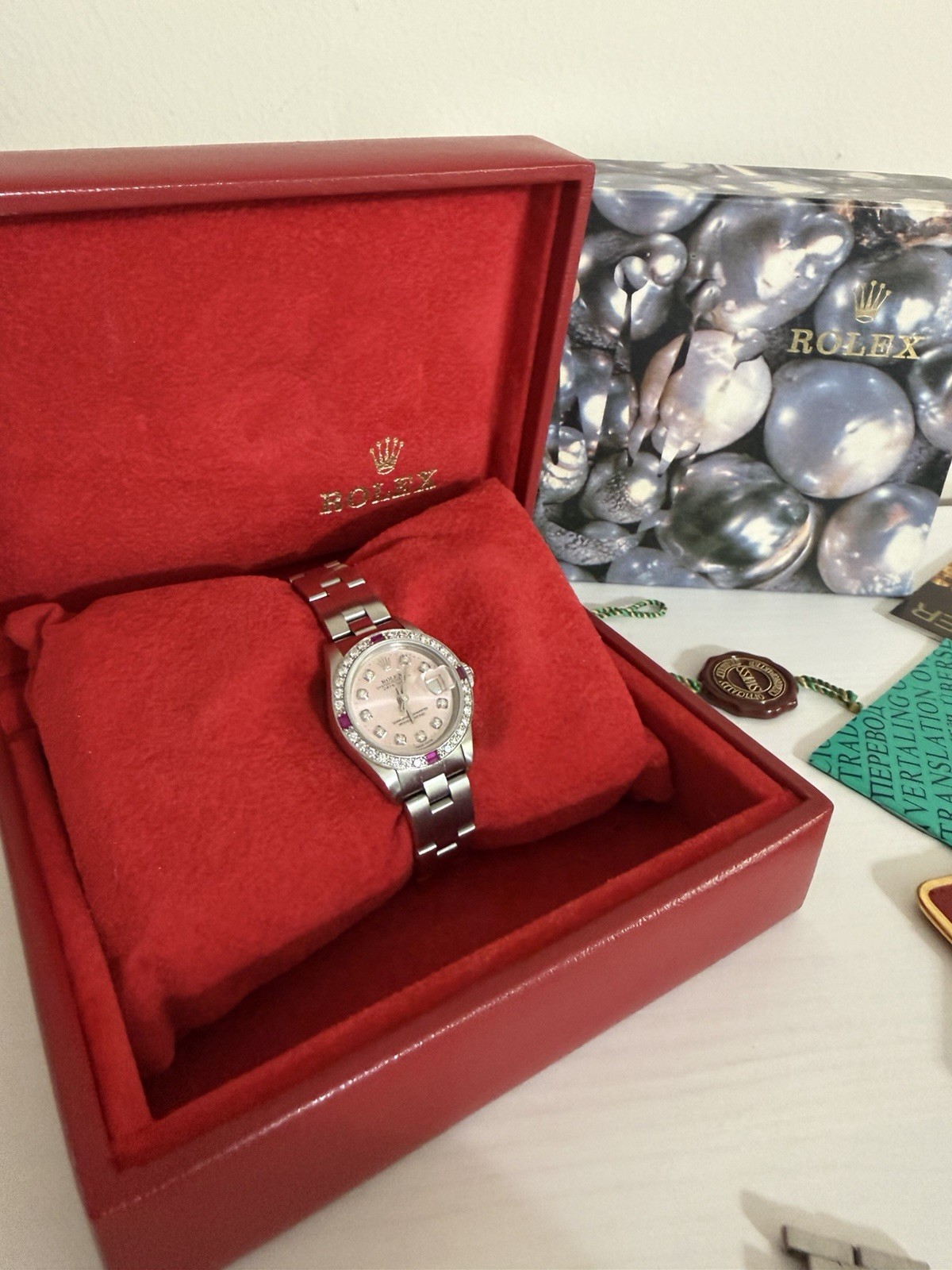 ROLEX Lady Datejust Pink Dial Ruby Diamond 18K White Gold Stainless Steel Watch
