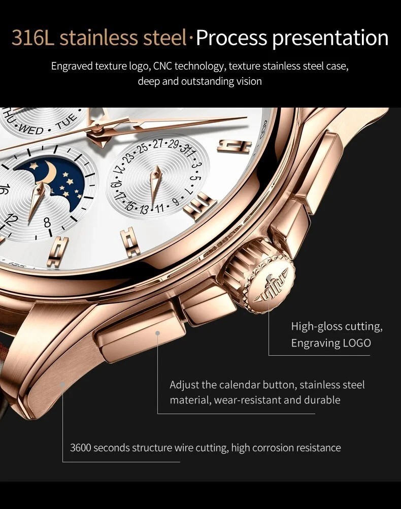 Automatic Mechanical Waterproof Watch Moon Phase Luxury Dial Men’s Men Strap