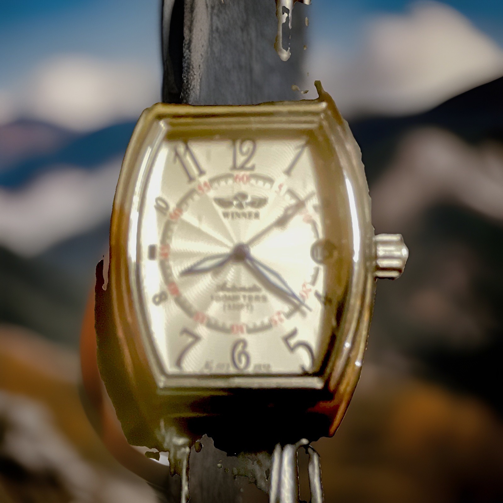 FINE Automatic Tonneau Dress Watch Silver Dial Black Leather Strap Exhibition